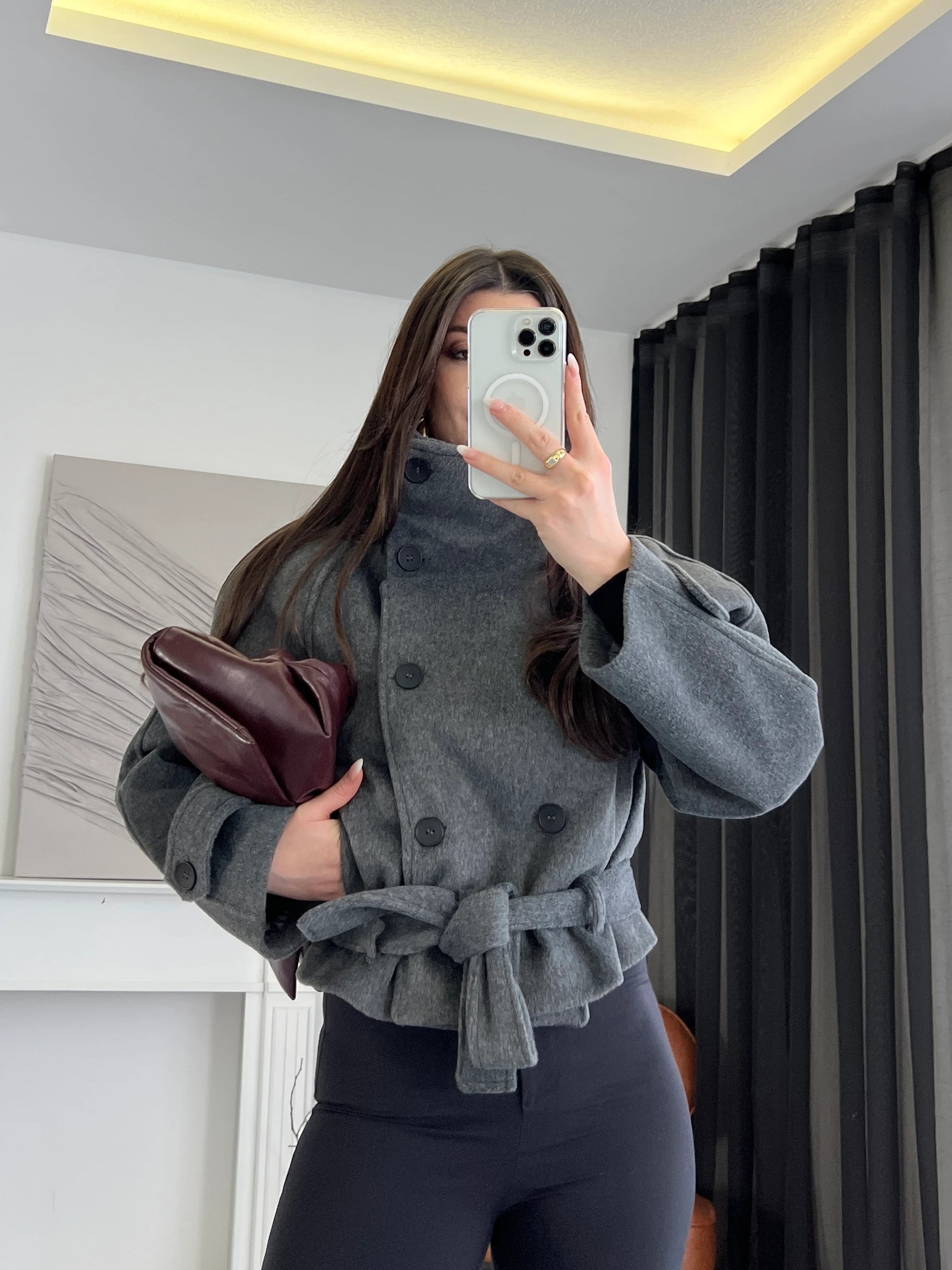 Kemerli Kısa Kaşe Kaban - Antrasit