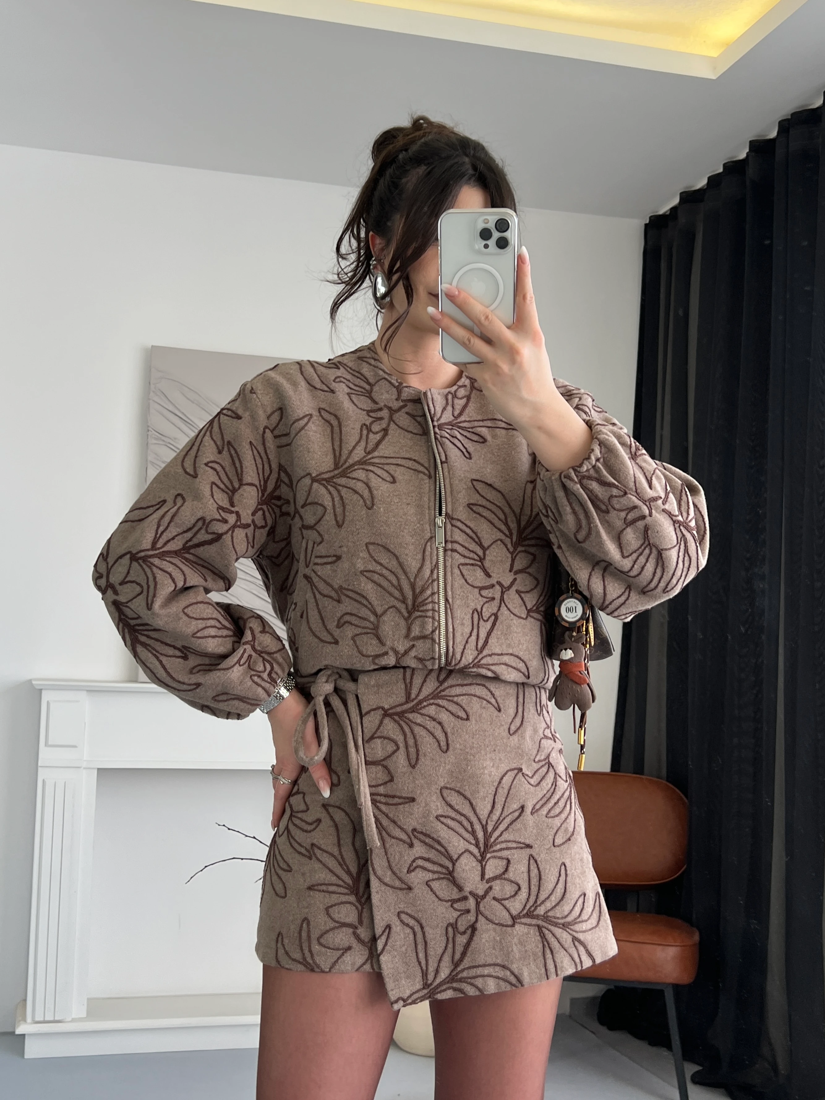 Desenli Fermuarlı Ceket - Kahverengi