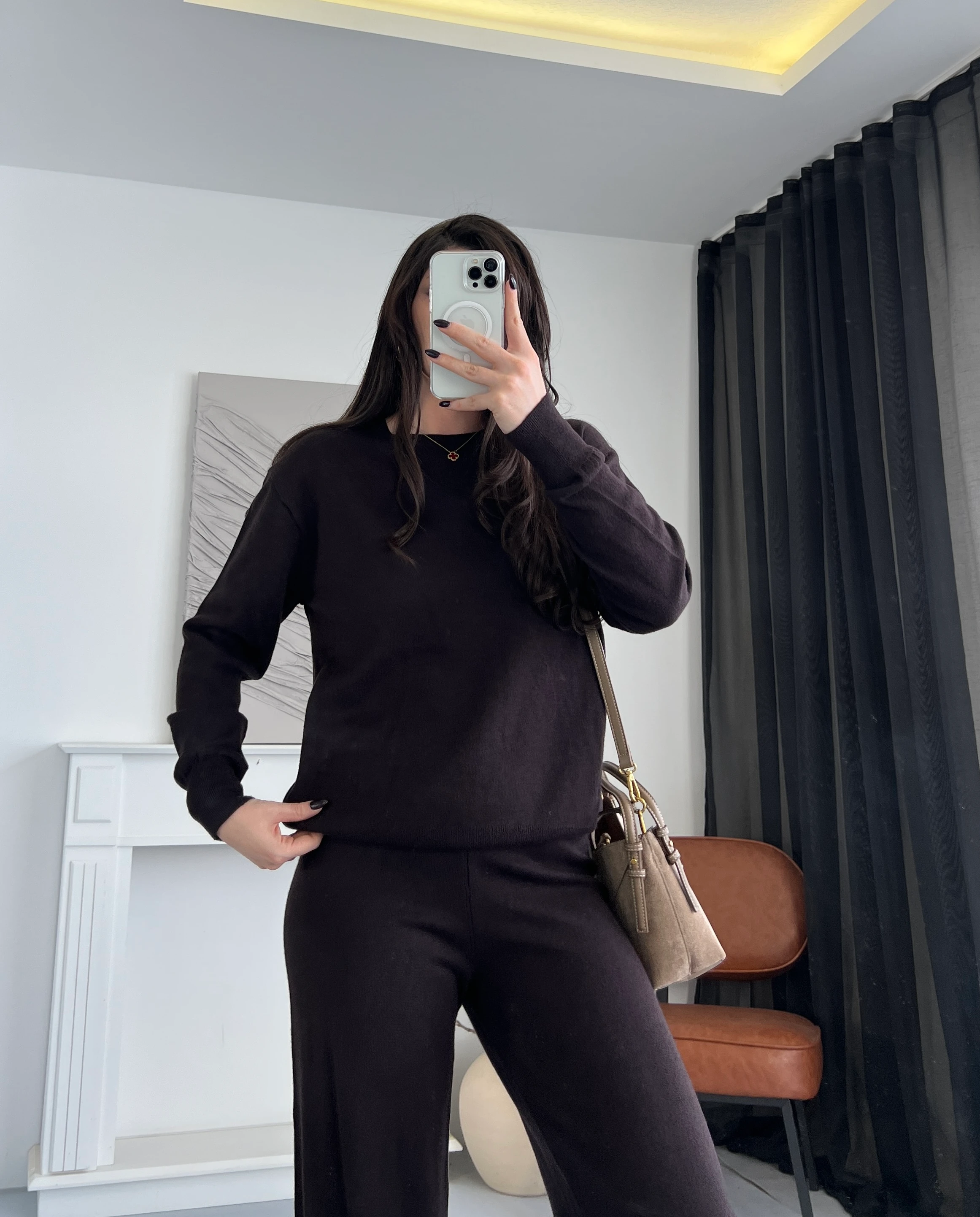 Bisiklet Yaka Basic Triko Bluz - Kahverengi