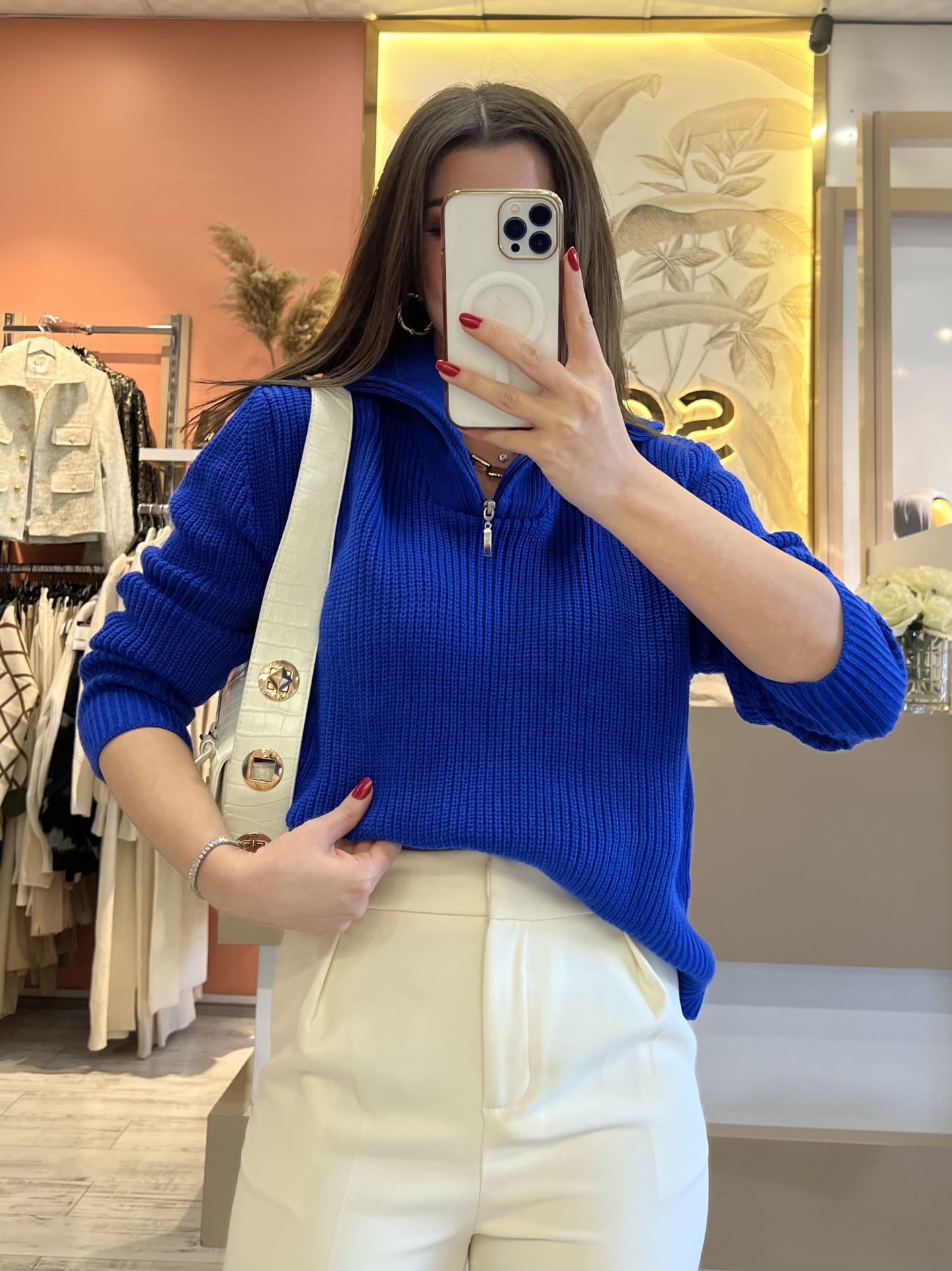 Saks Mavi Yakası Fermuarlı Triko Kazak
