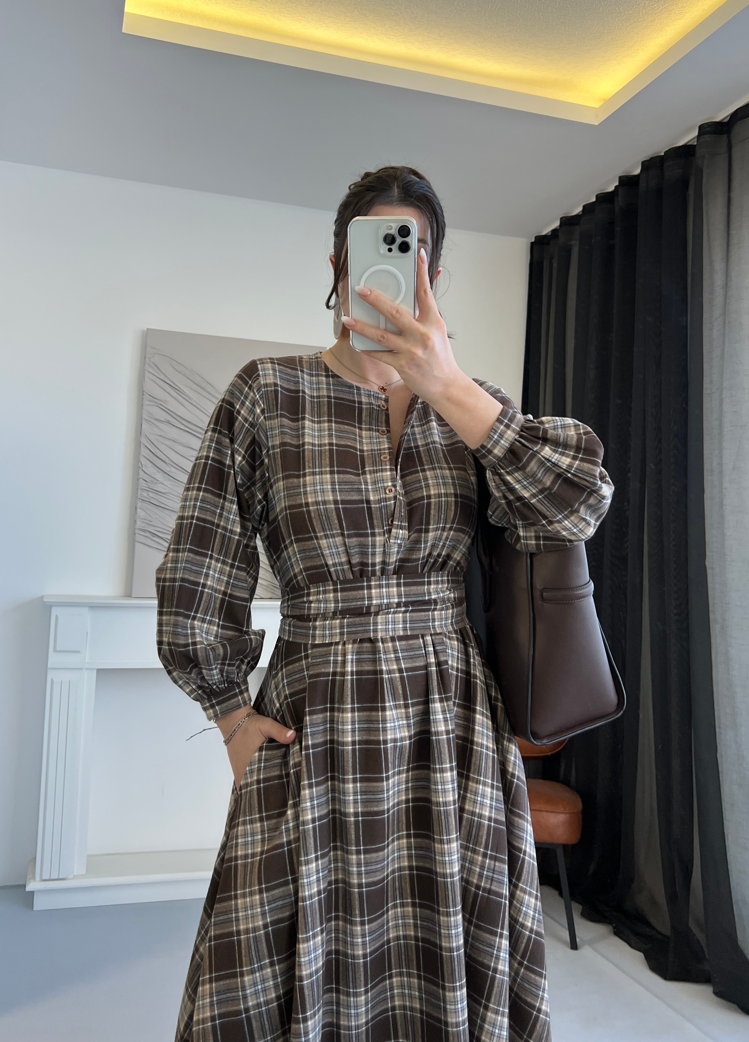 Ekose Kuşaklı Midi Elbise