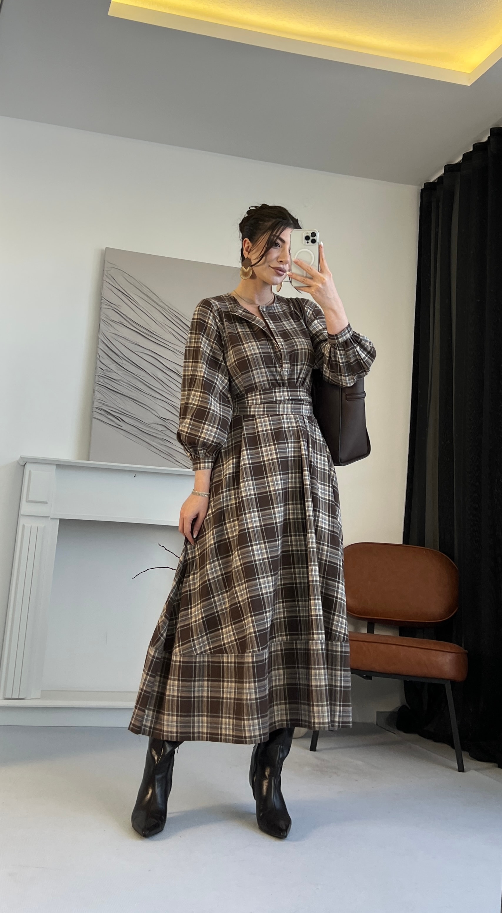 Ekose Kuşaklı Midi Elbise