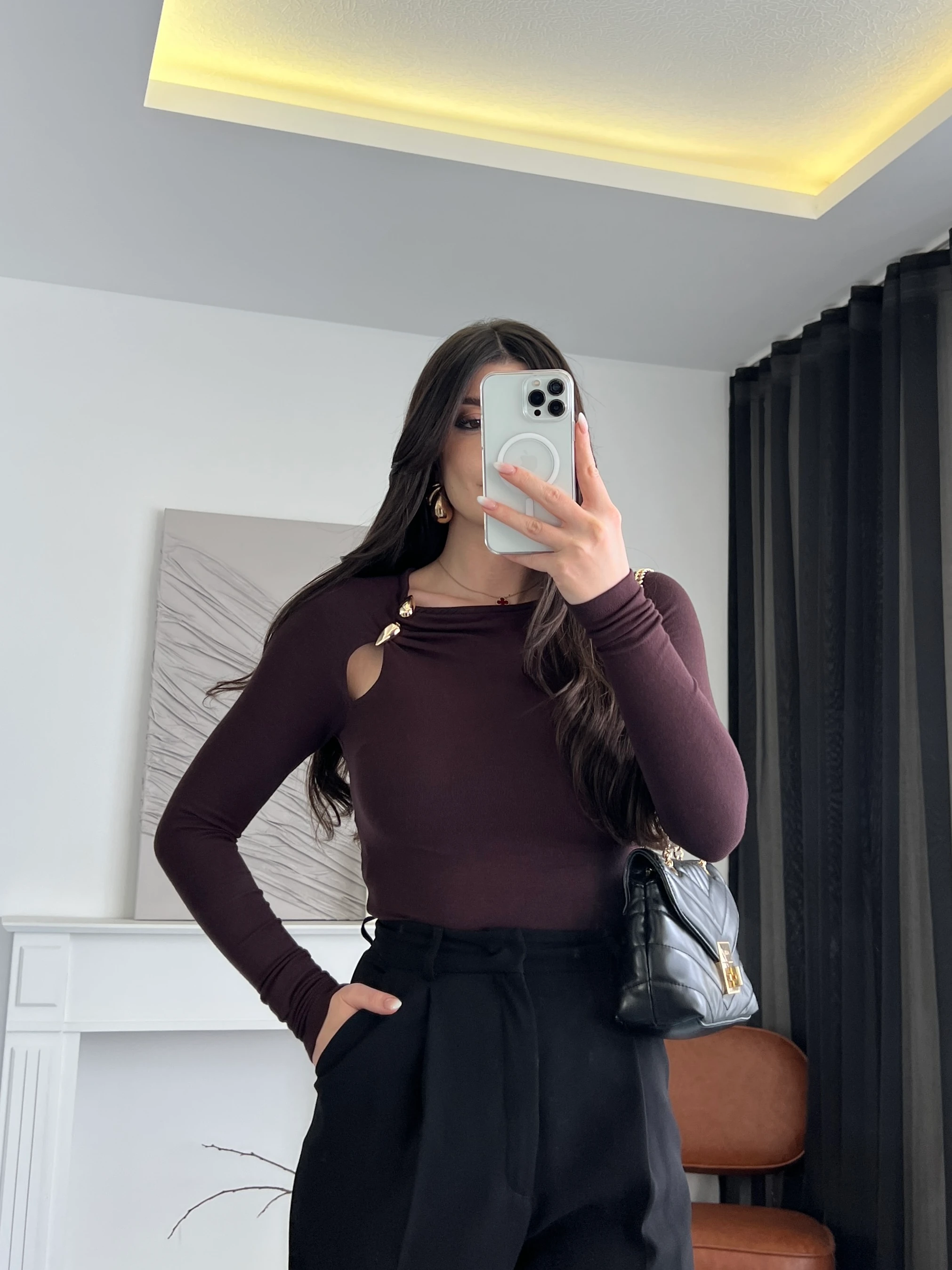 Gold Aksesuar Detaylı Bluz - Kahverengi