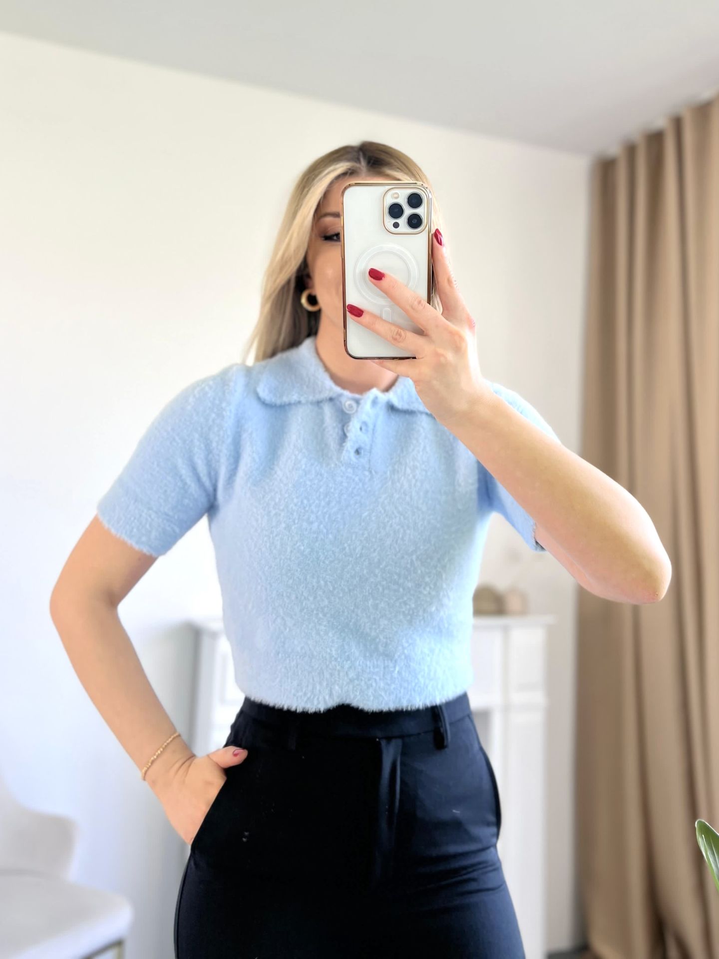 Mavi Polo Yaka Düğmeli Yumuşak Dokulu Crop Kazak