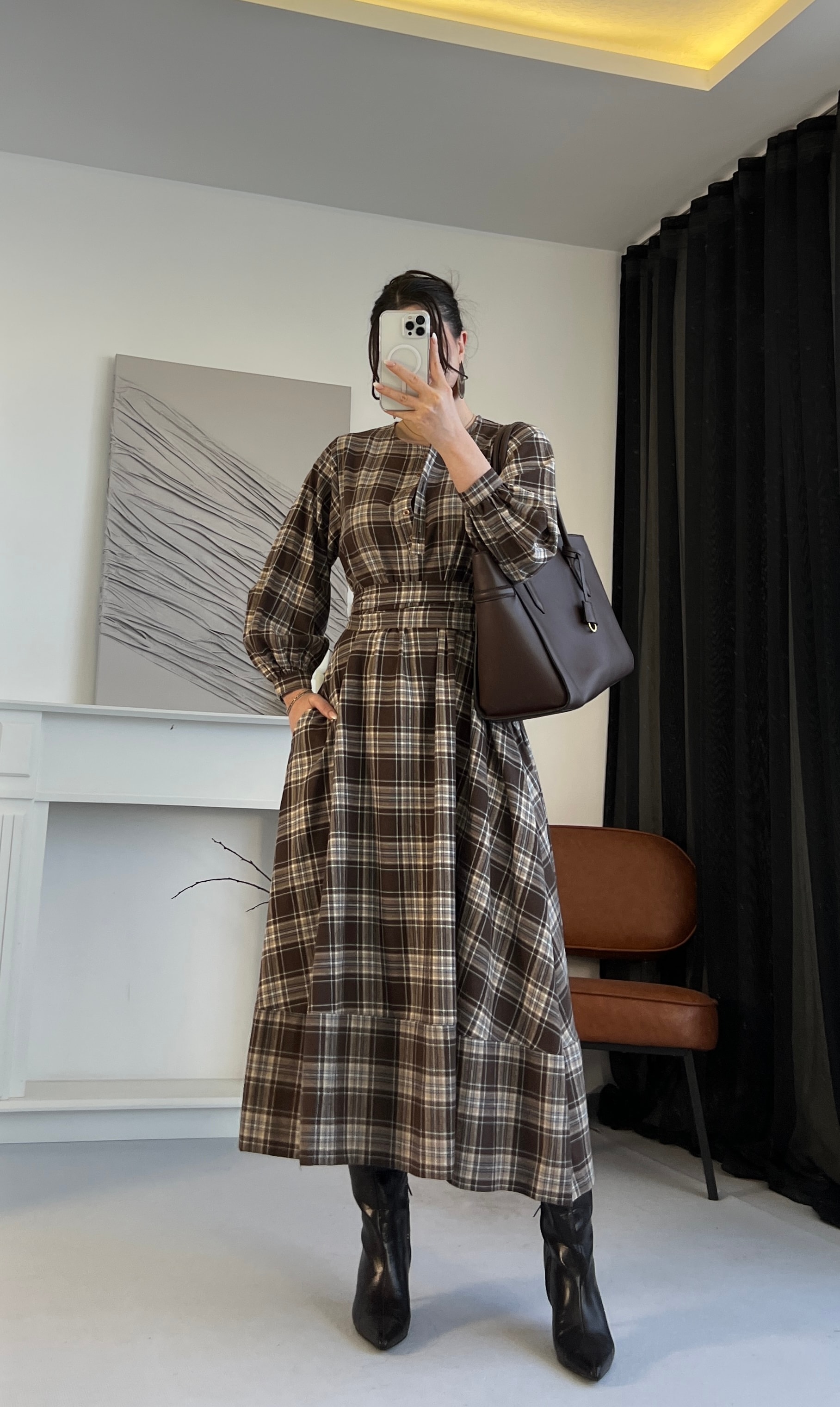 Ekose Kuşaklı Midi Elbise