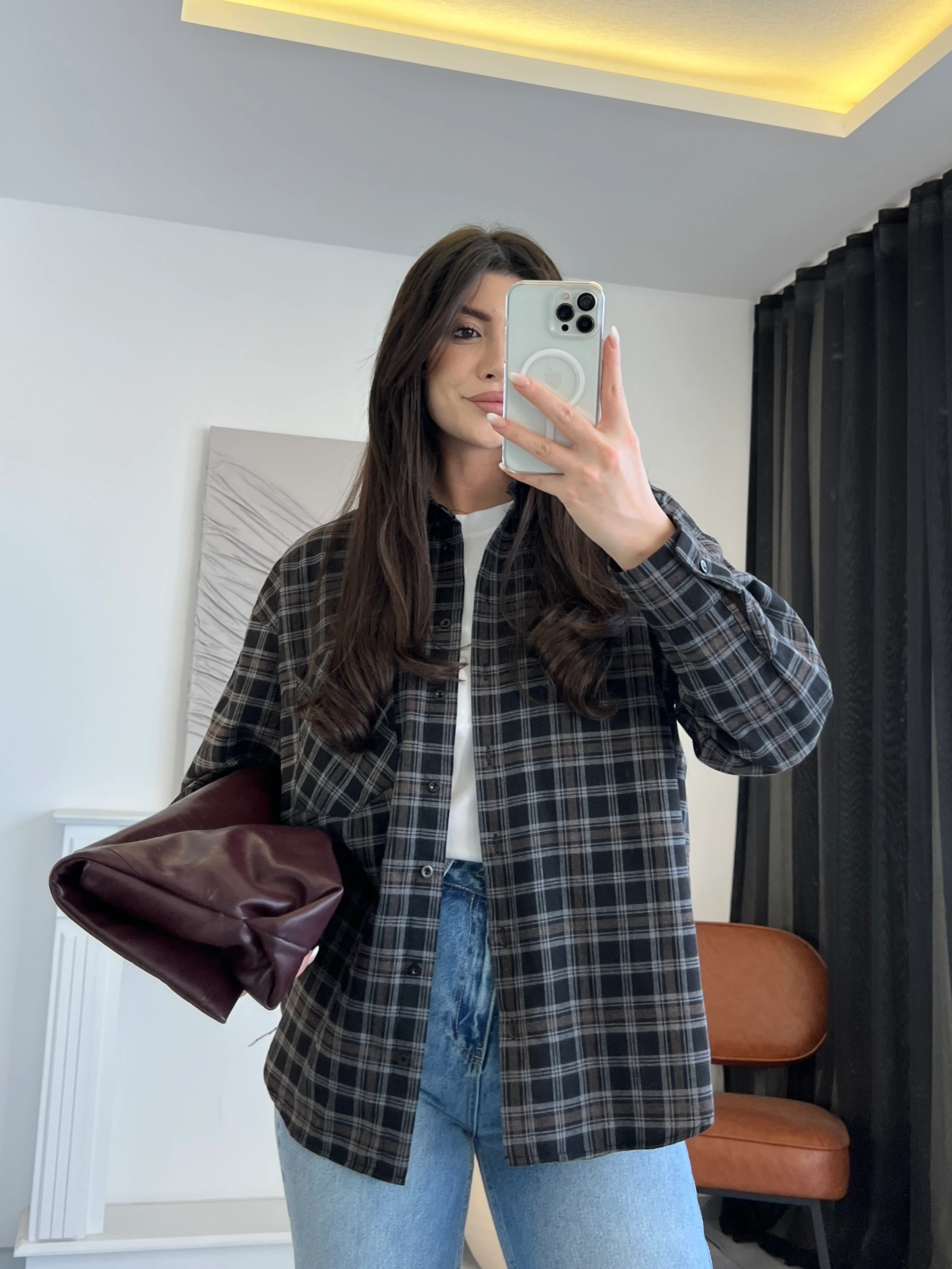 Ekose Desen Oversize Oduncu Gömlek - Siyah