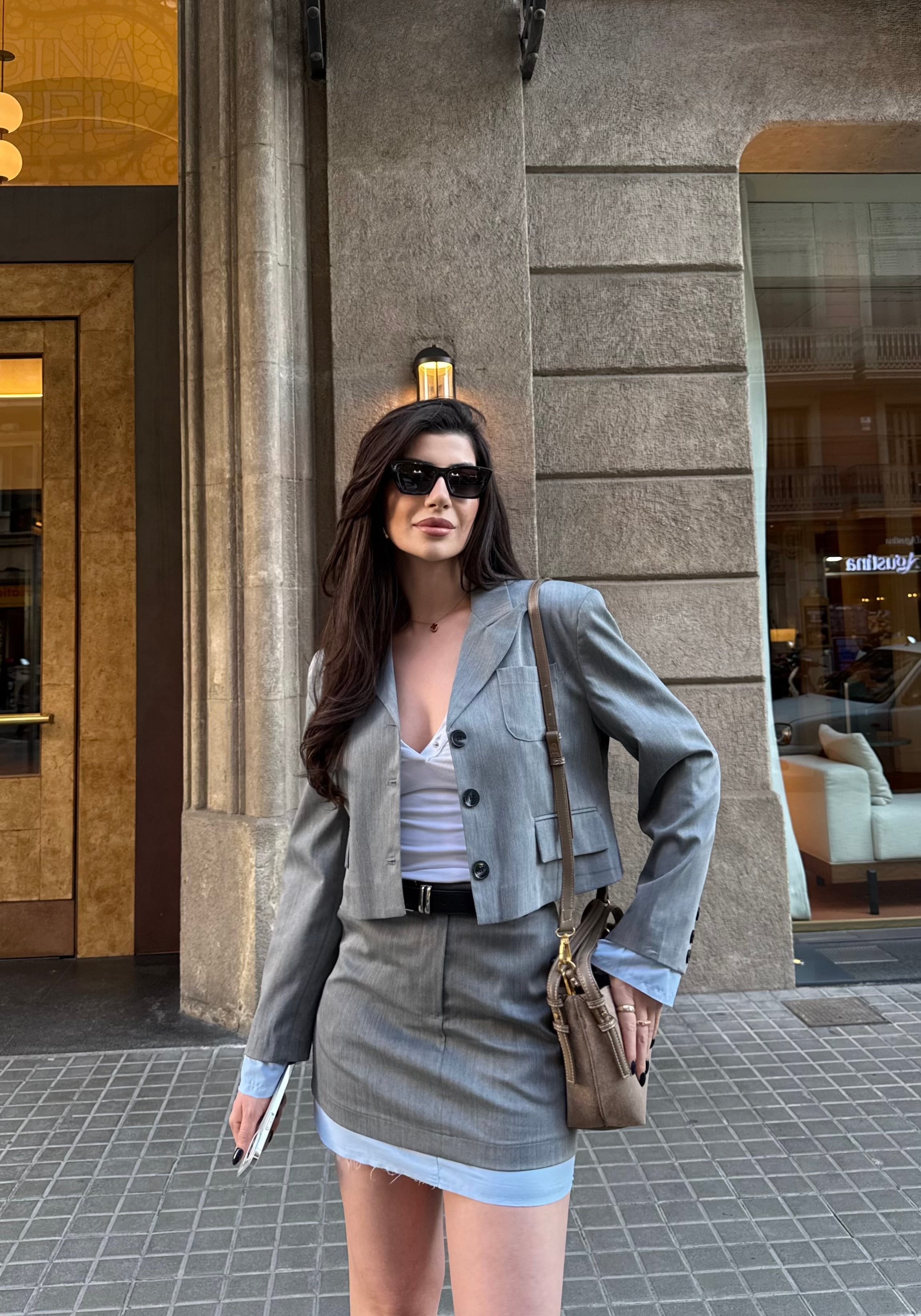Kumaş Geçişli Gri Mini Blazer Ceket