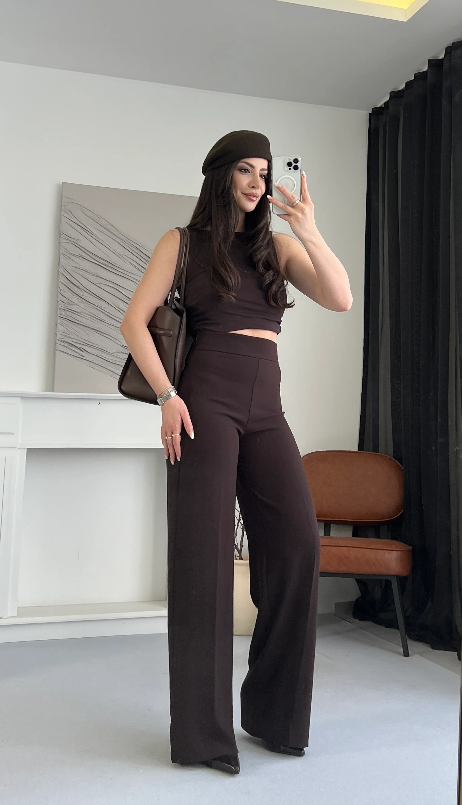 Acı Kahve Yüksek Bel Palazzo Pantolon