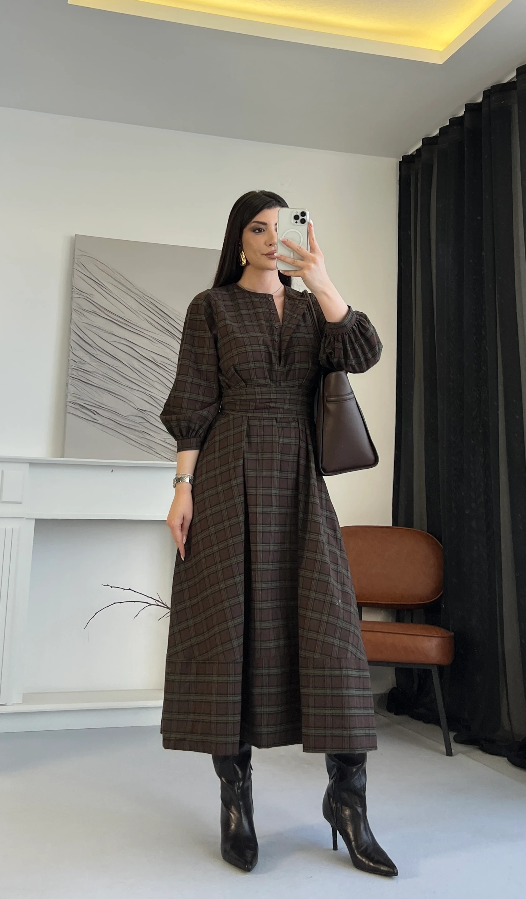 Ekose Desenli Kuşaklı Midi Elbise