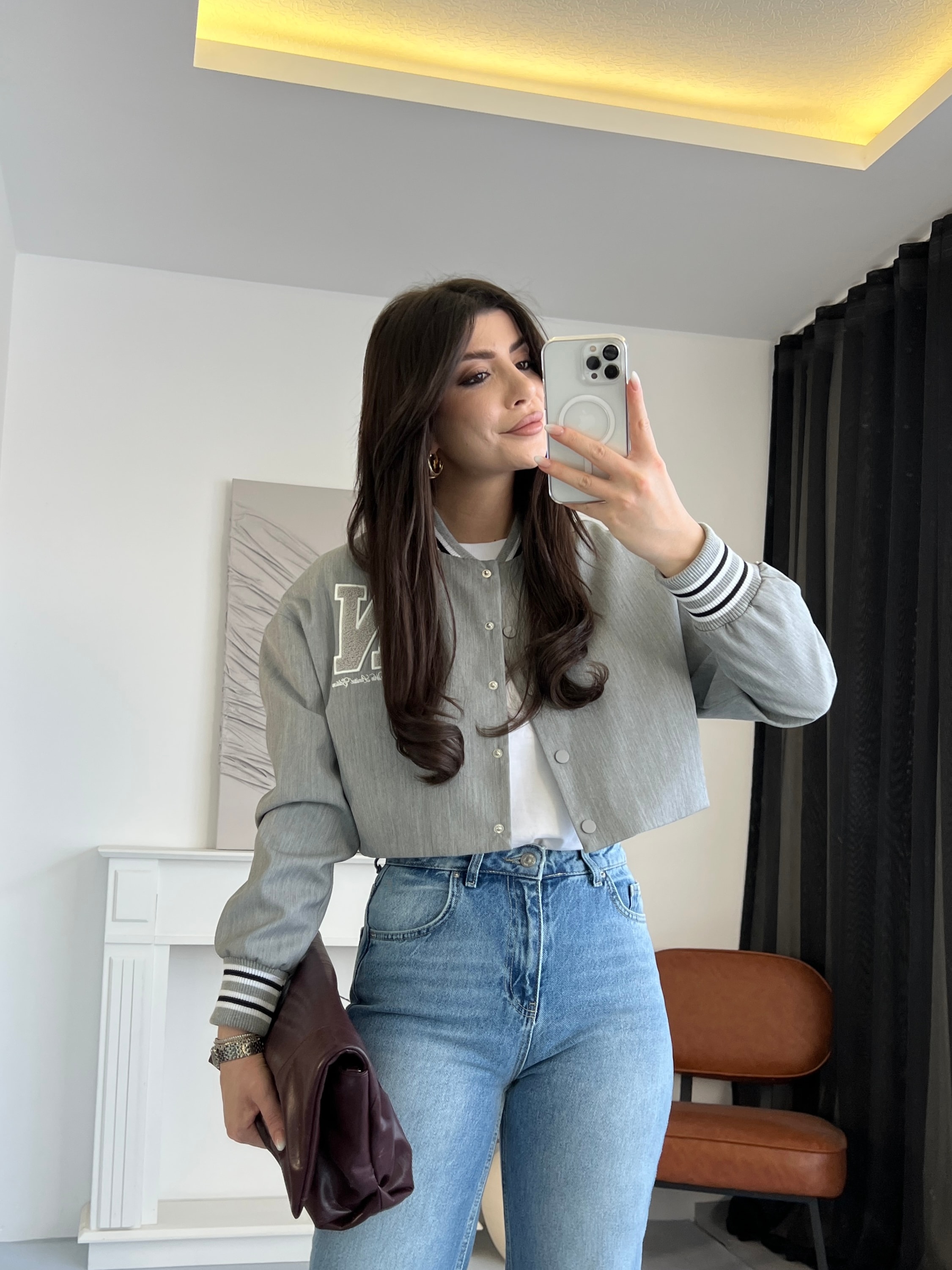 Harfli Gri Kolej Ceket