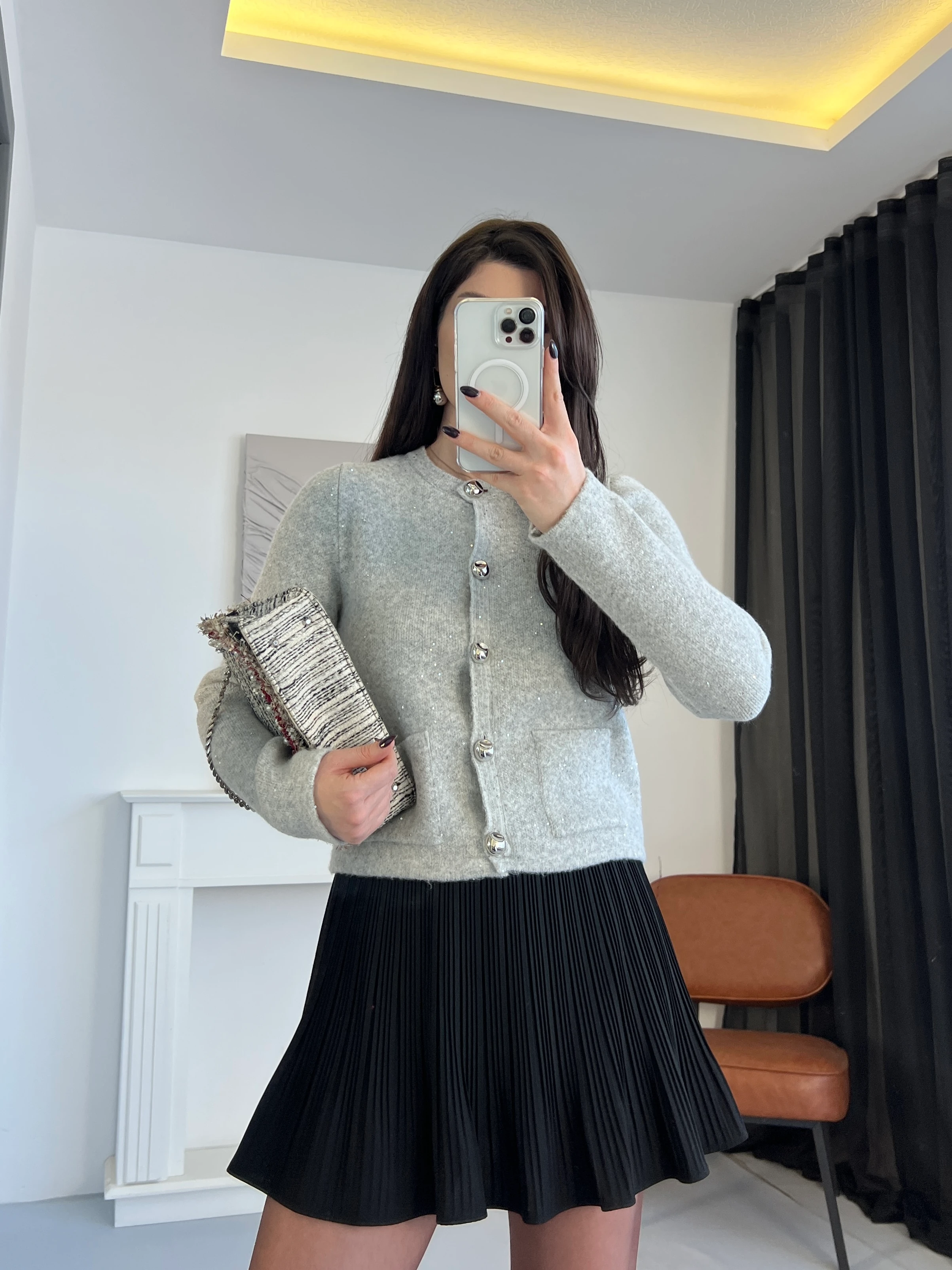 Pullu Simli Bisiklet Yaka Hırka - Açık Gri