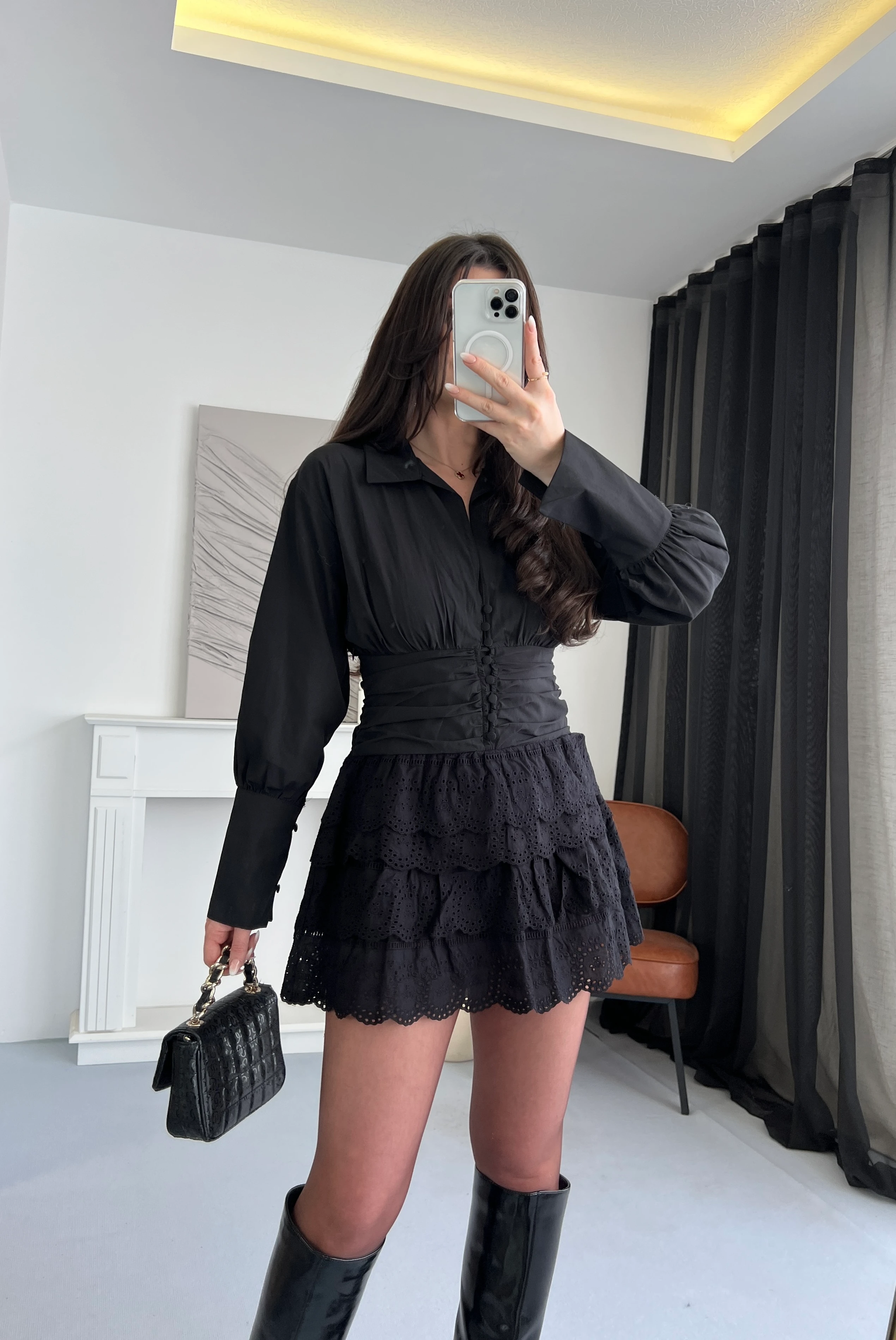 Korse Detaylı Fırfırlı  Mini Elbise - Siyah