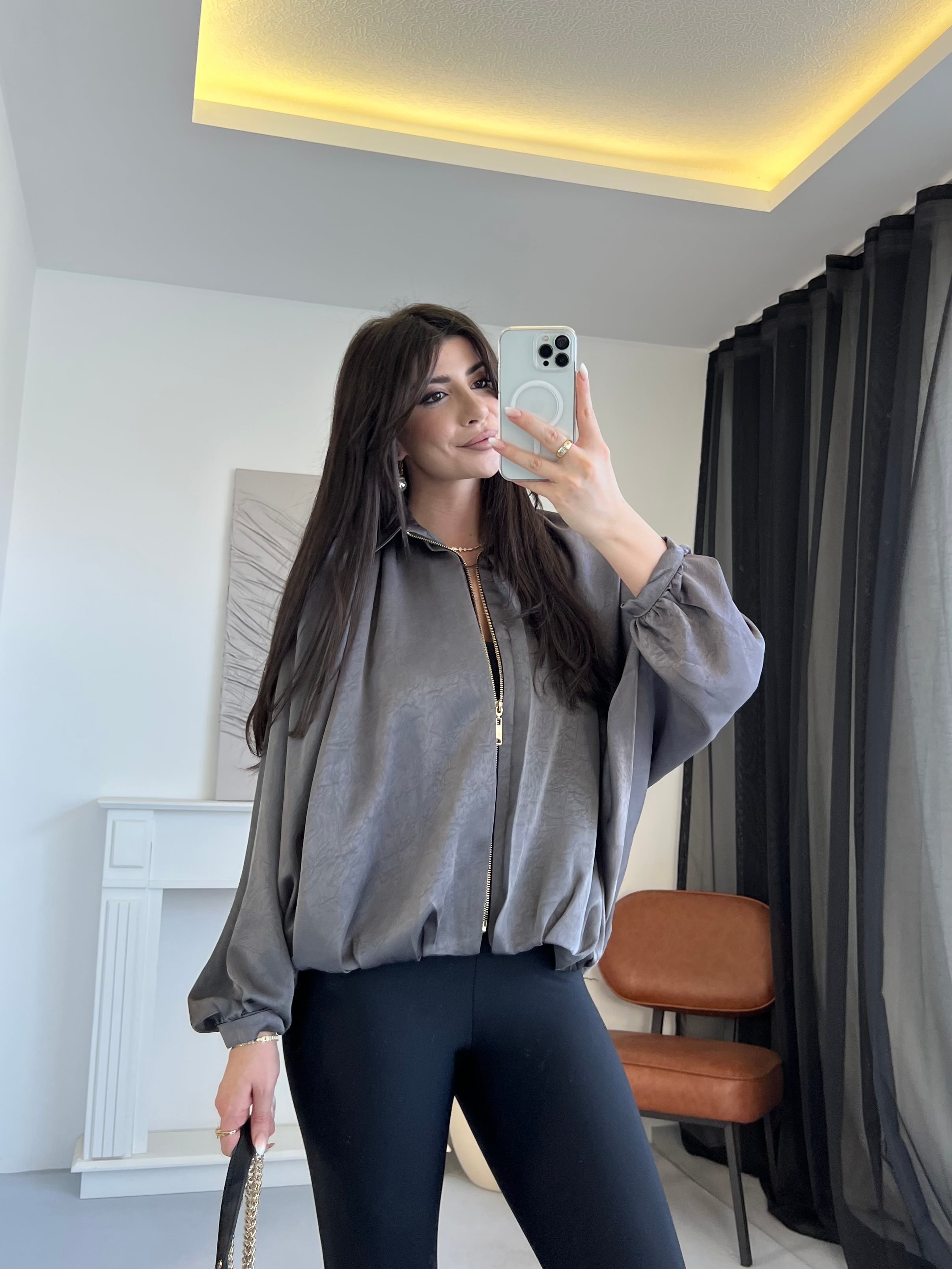 Saten Dökümlü Bomber Ceket - Gri