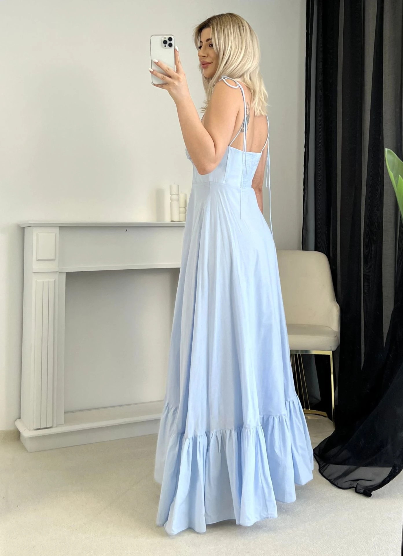 Bebe Mavi Fırfır Detay Askılı Maksi Elbise