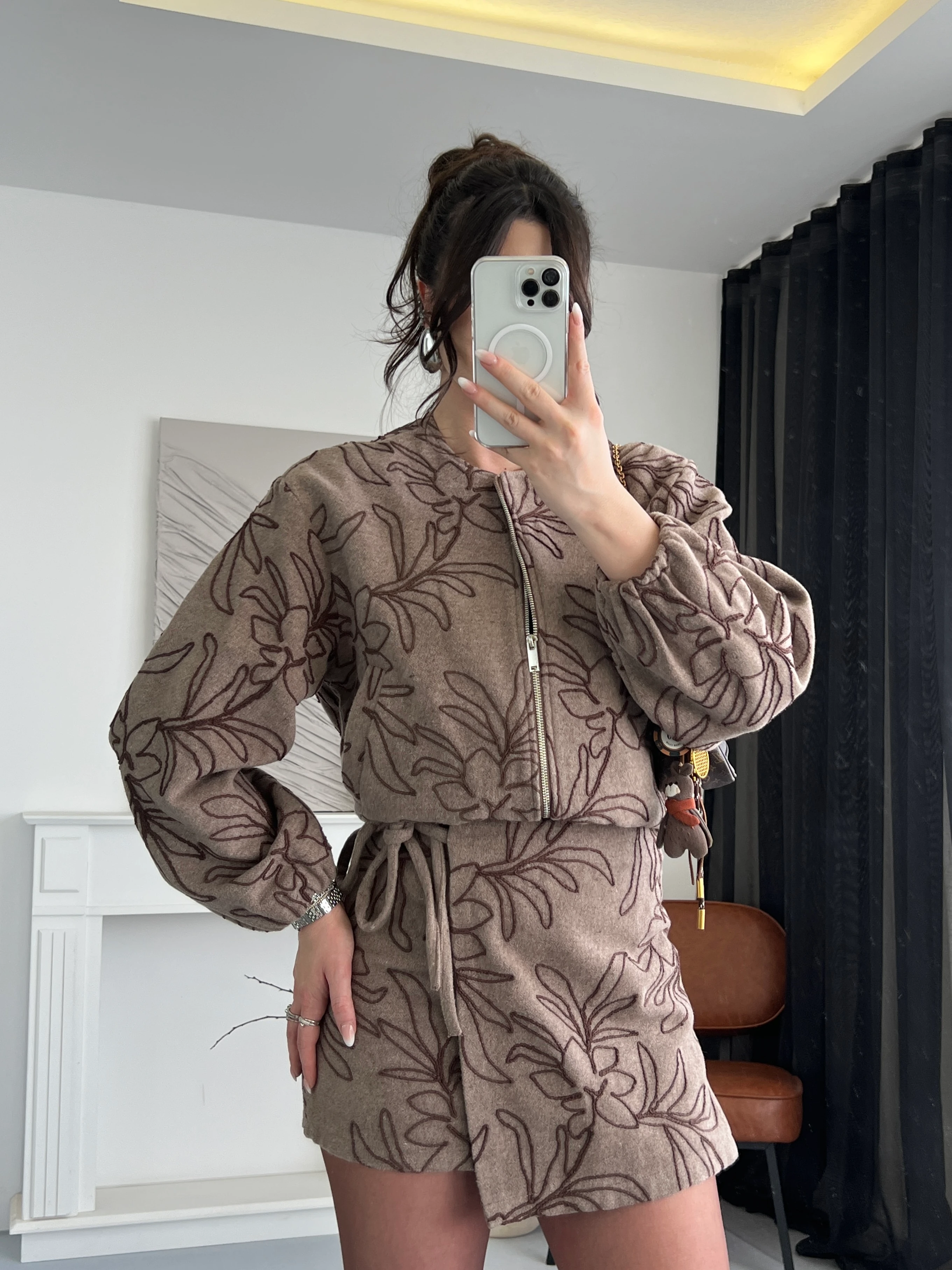 Desenli Fermuarlı Ceket