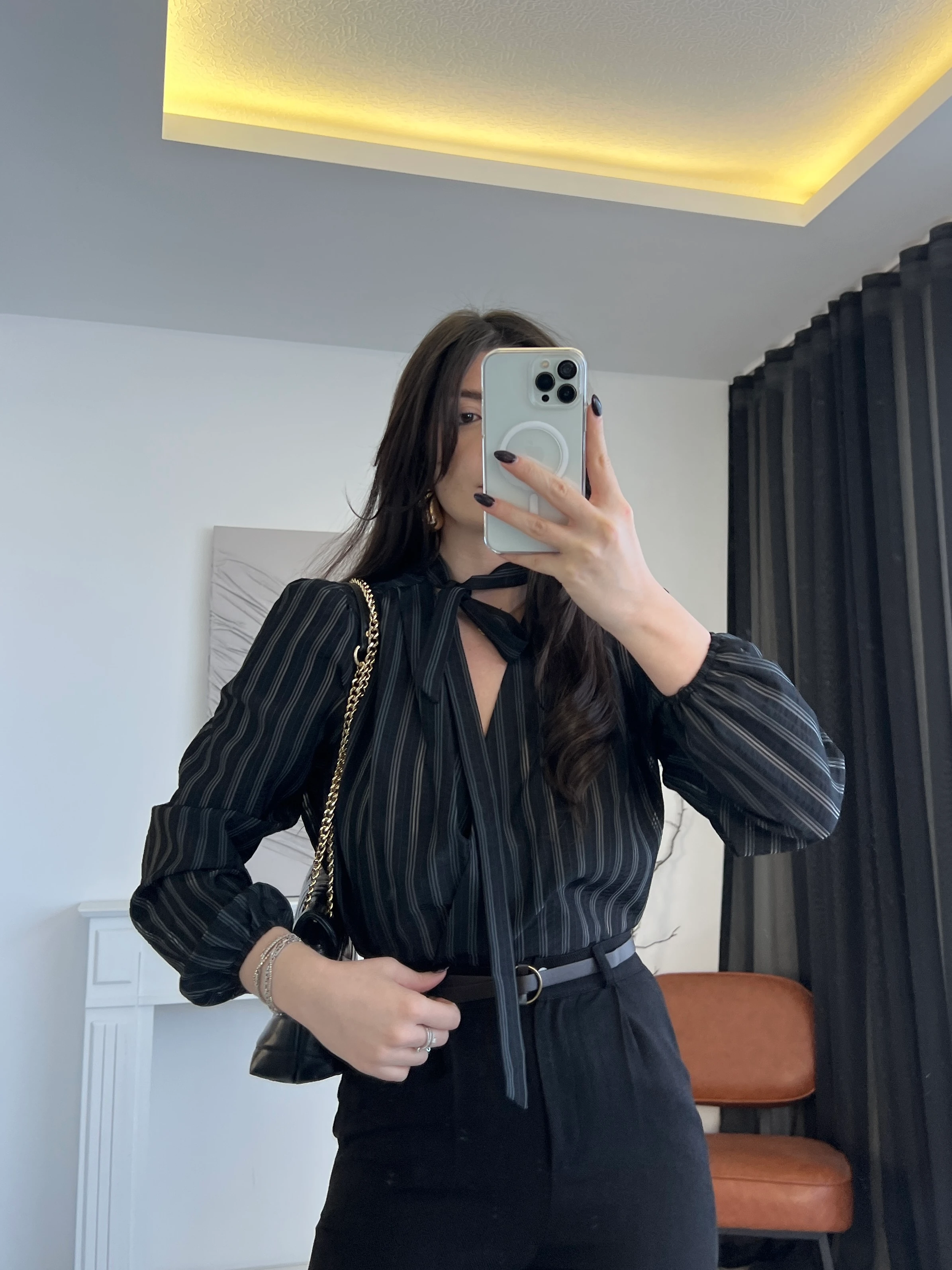 Çizgili Bağlama Detaylı Kruvaze Bluz