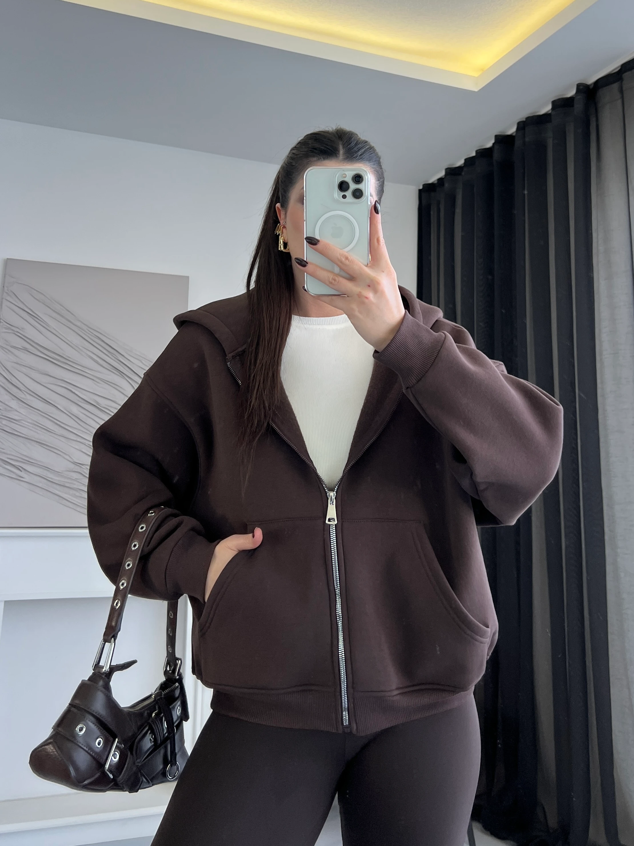 Basic Fermuarlı Kapüşonlu Ceket - Kahverengi