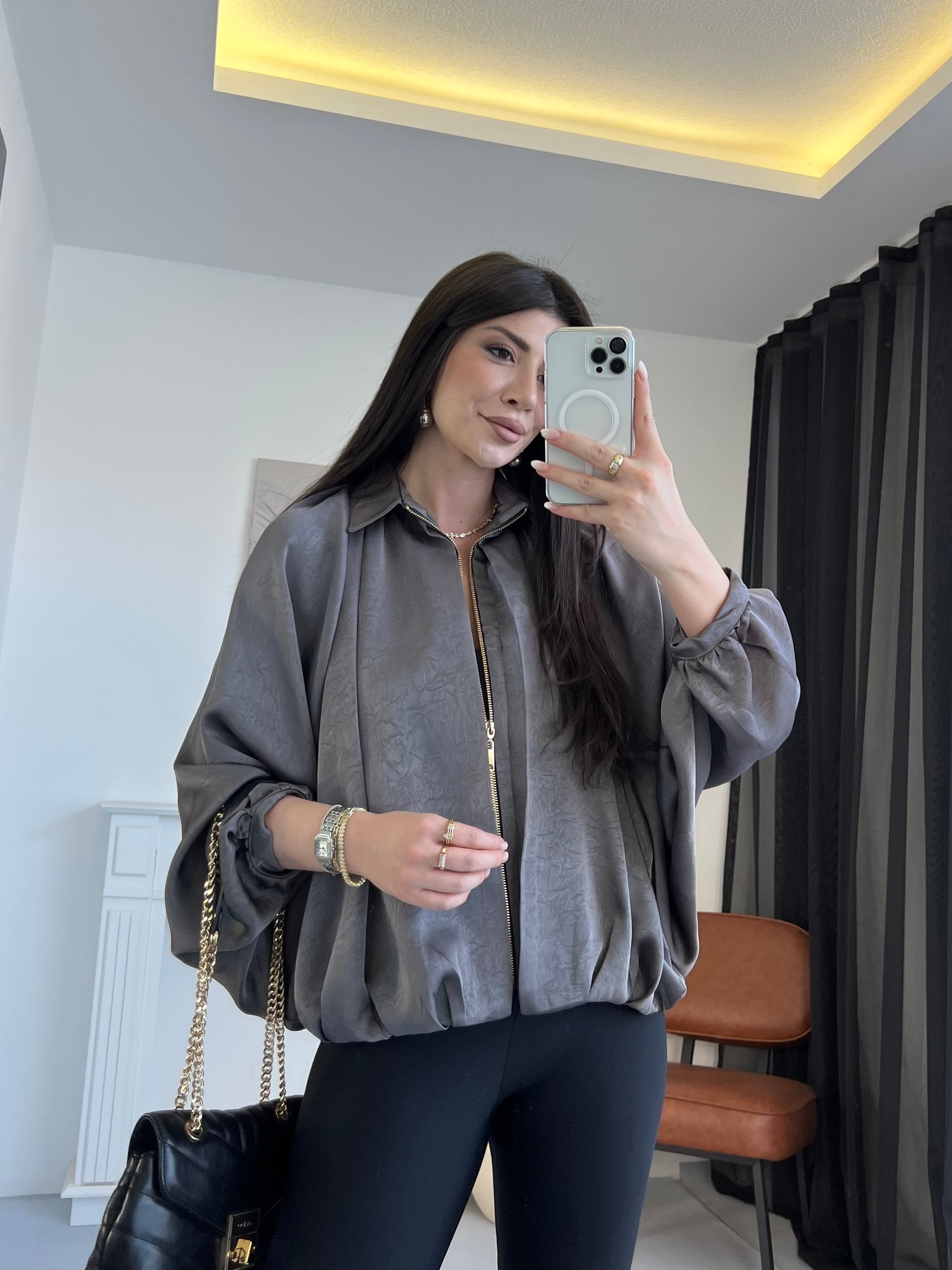 Saten Dökümlü Bomber Ceket
