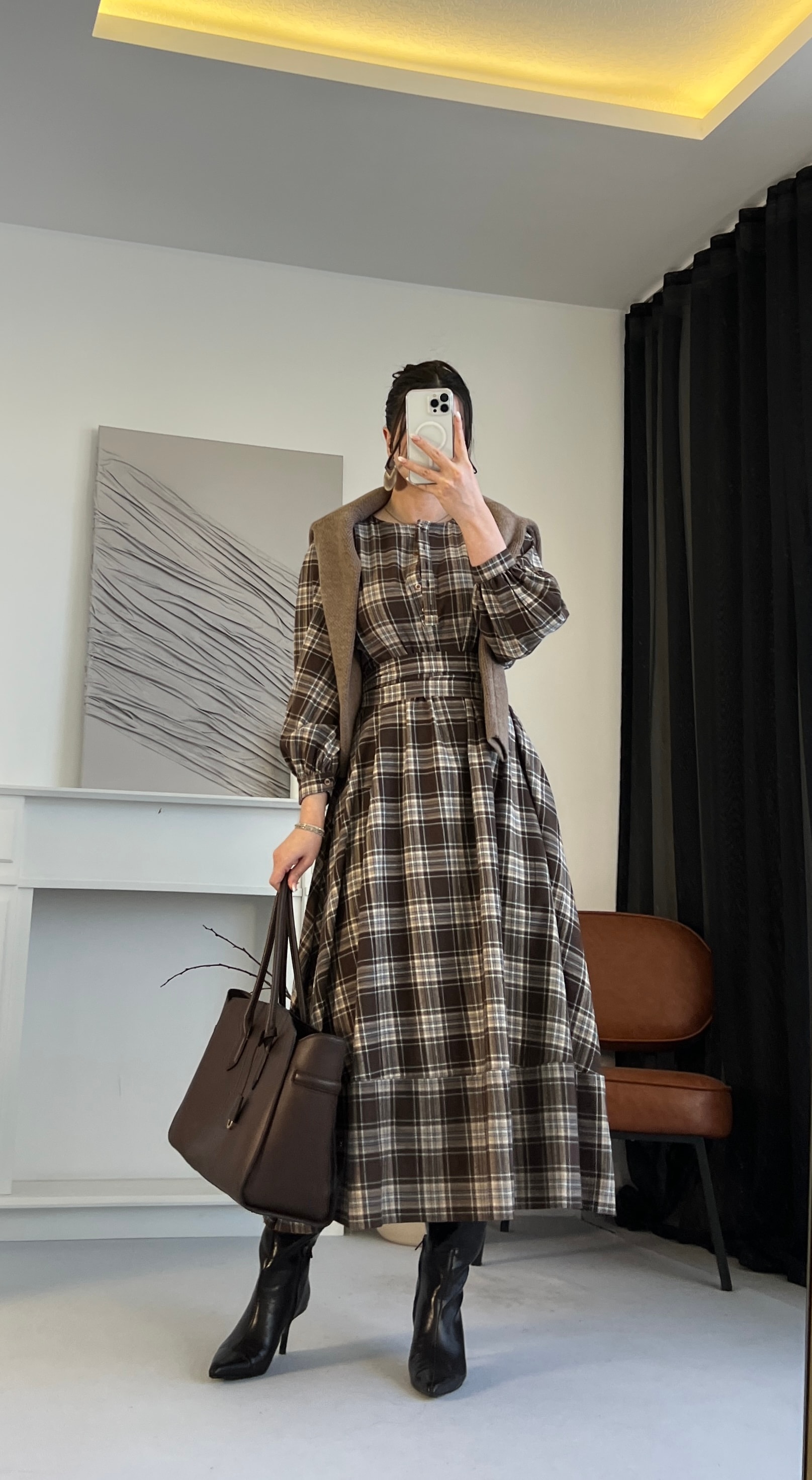 Ekose Kuşaklı Midi Elbise