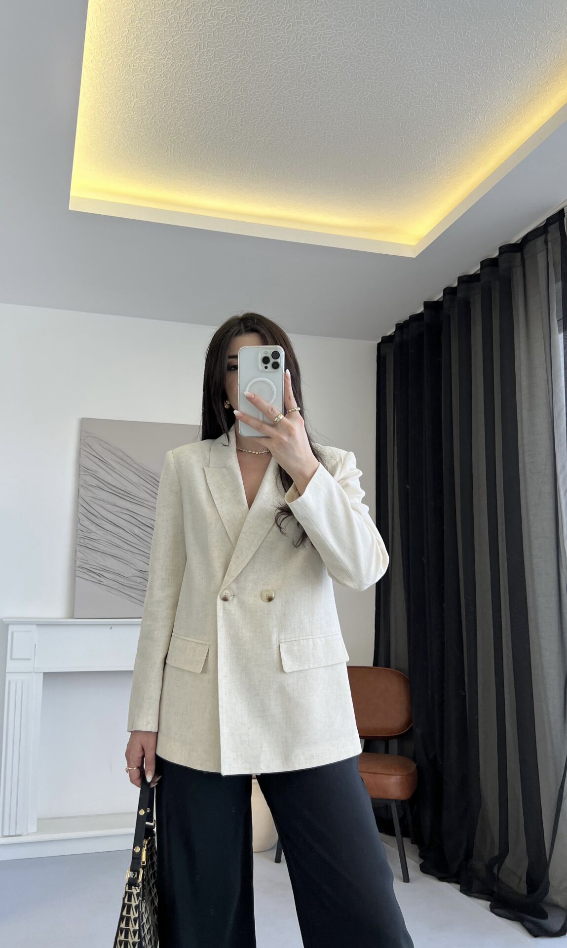Kruvaze Naturel Keten Blazer Ceket
