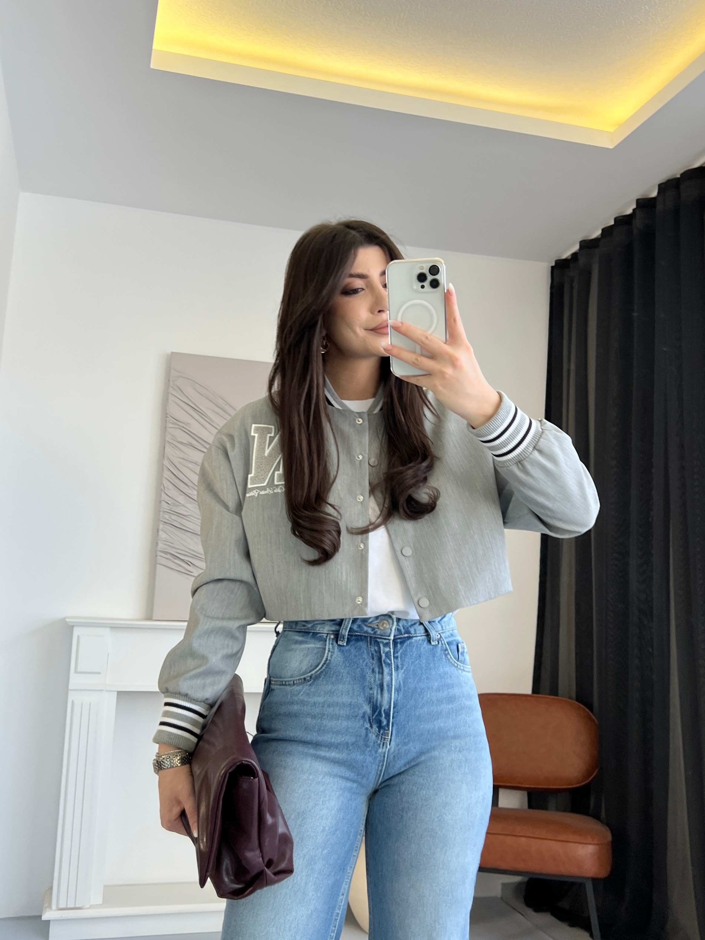 Harfli Gri Kolej Ceket