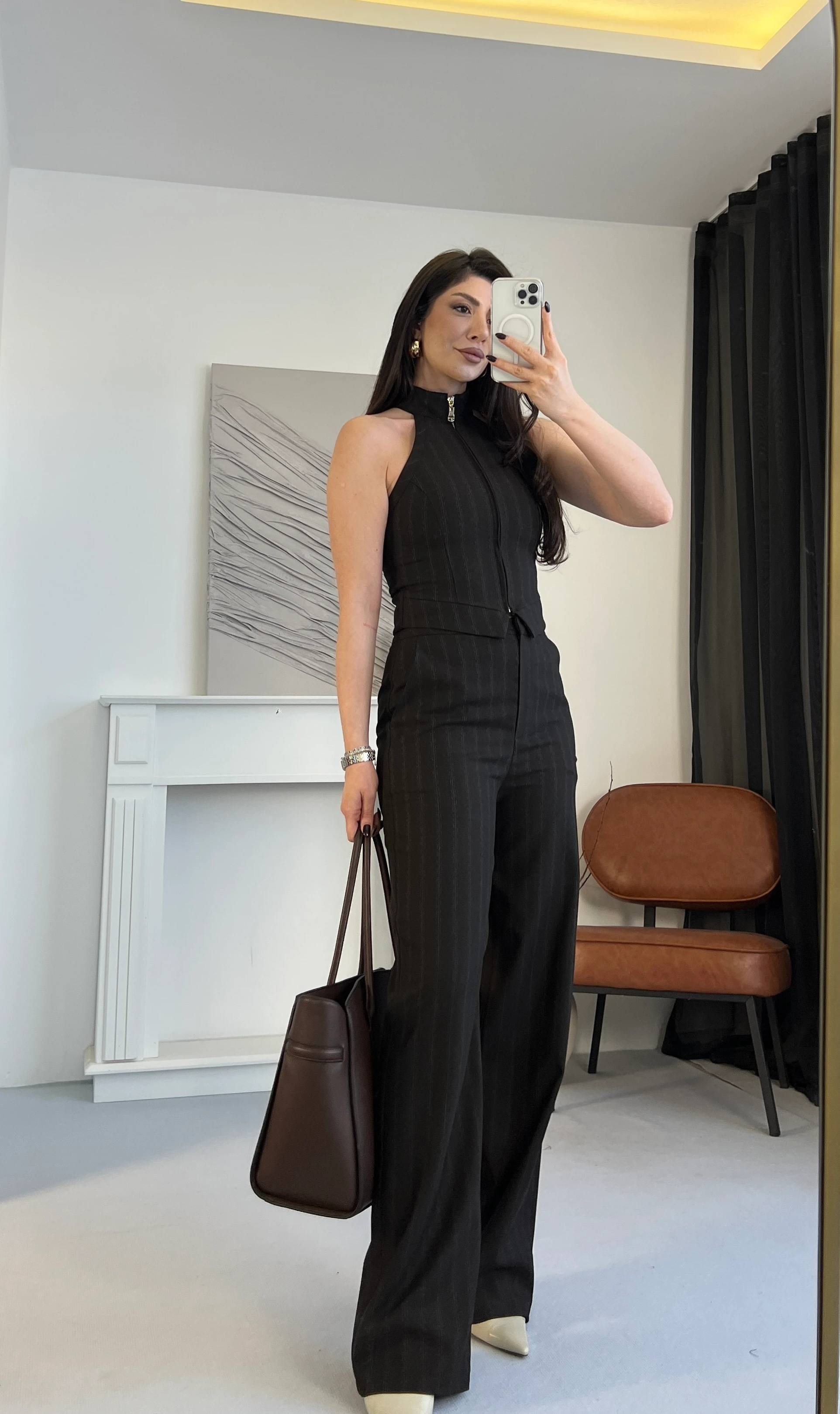 Halter Yaka Fermuarlı Takım - Kahverengi