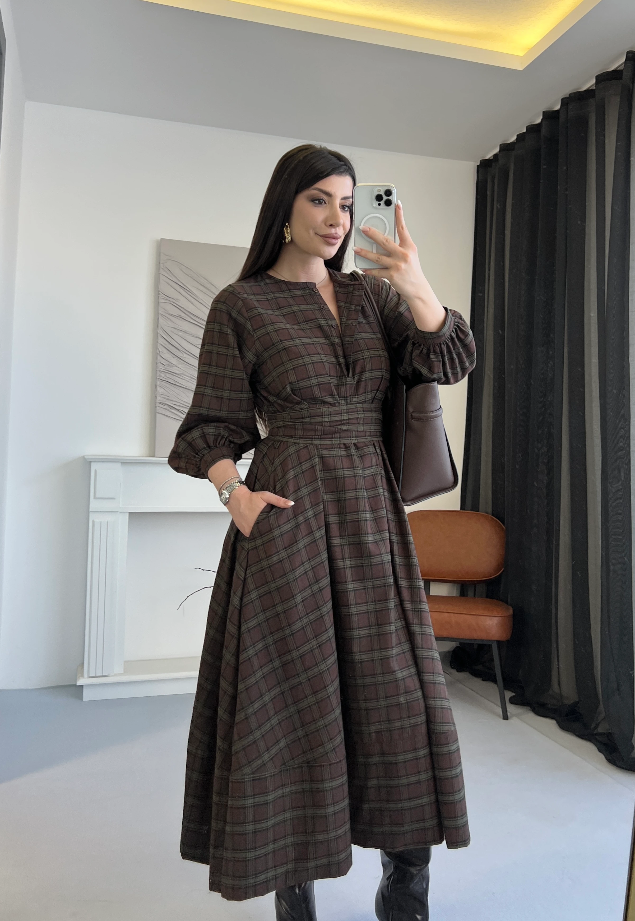 Ekose Desenli Kuşaklı Midi Elbise - Yeşil