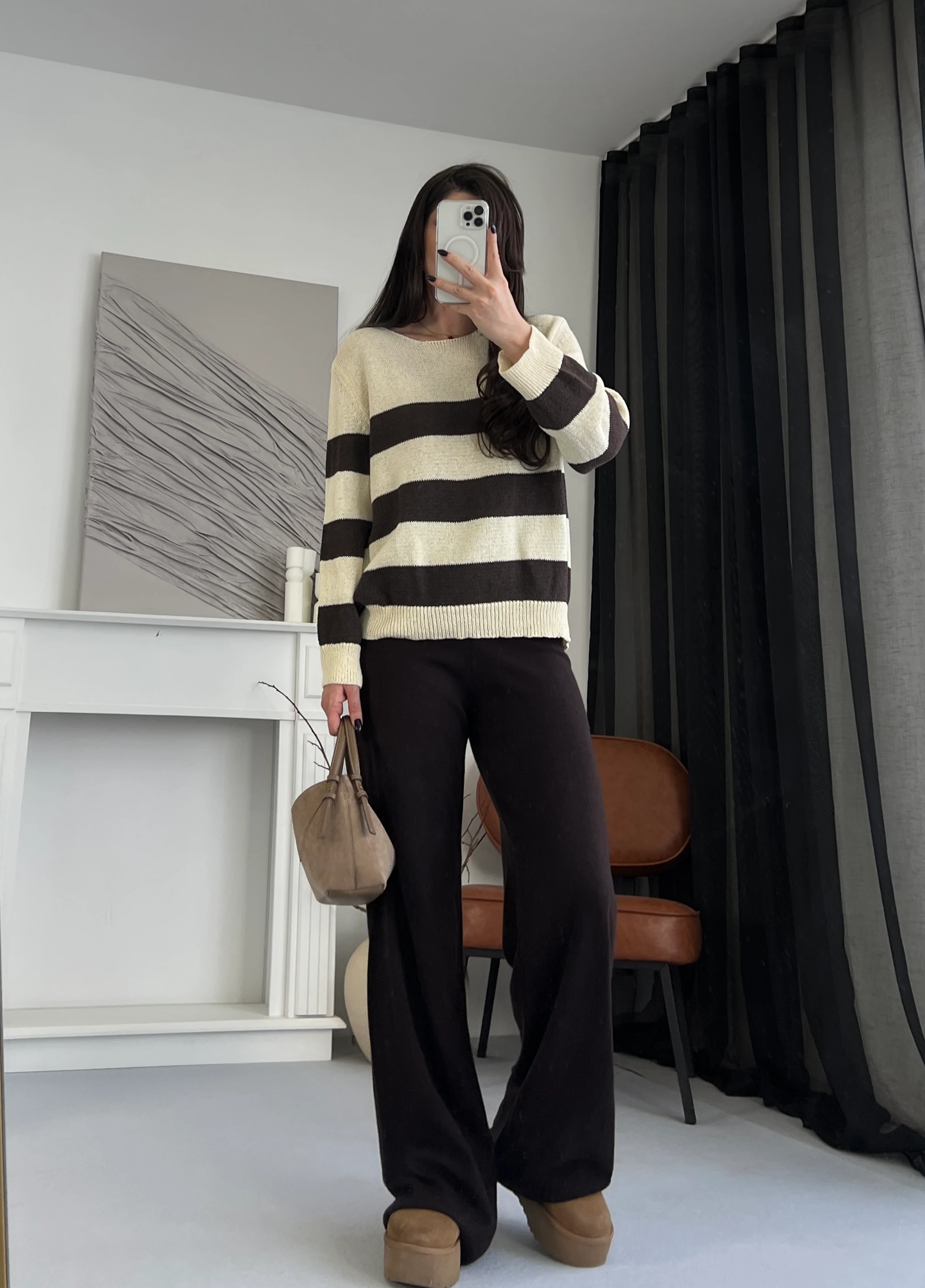 Oval yaka merserize triko bluz - Kahverengi