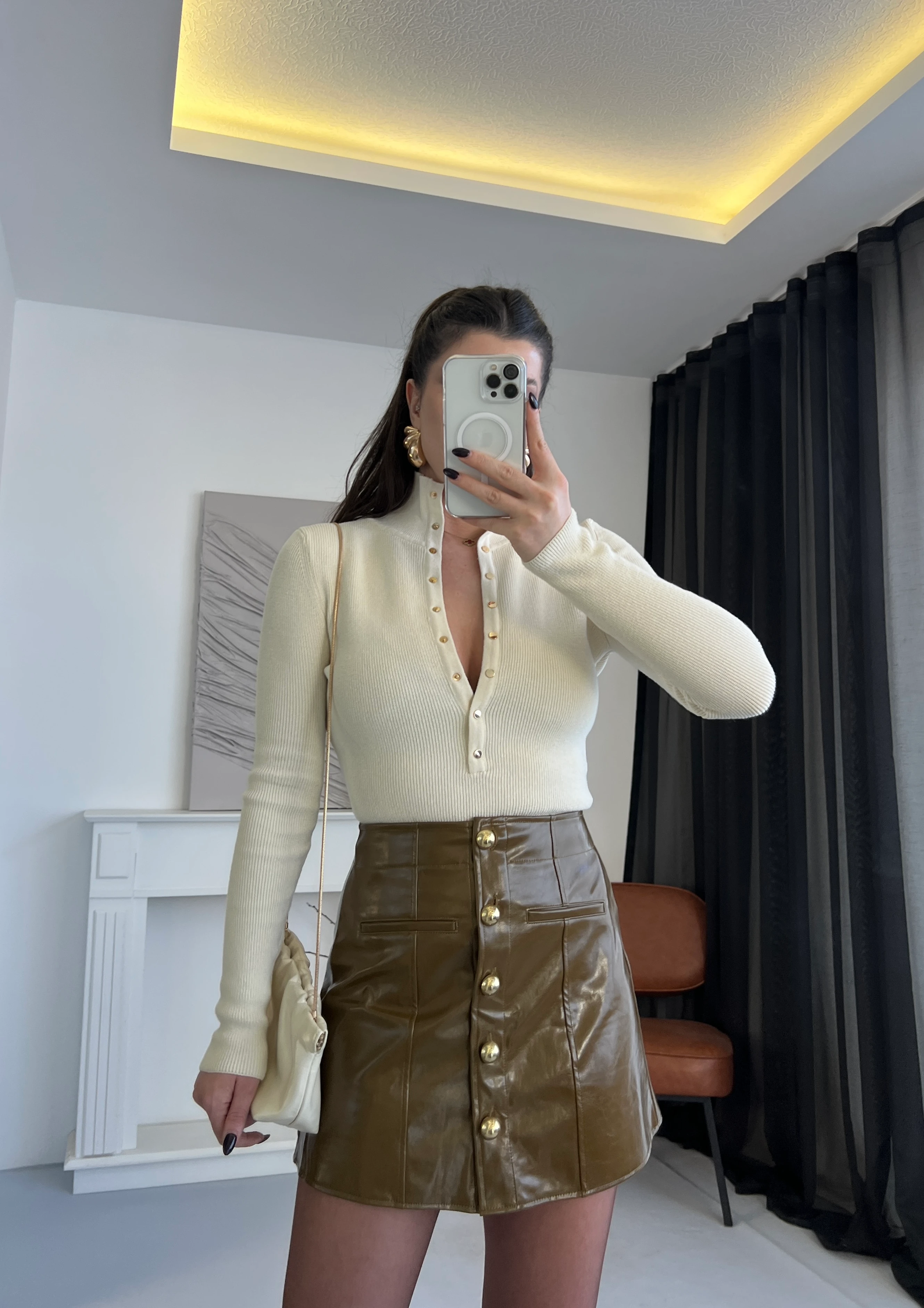 Drop Detaylı Triko Bluz - Ekru