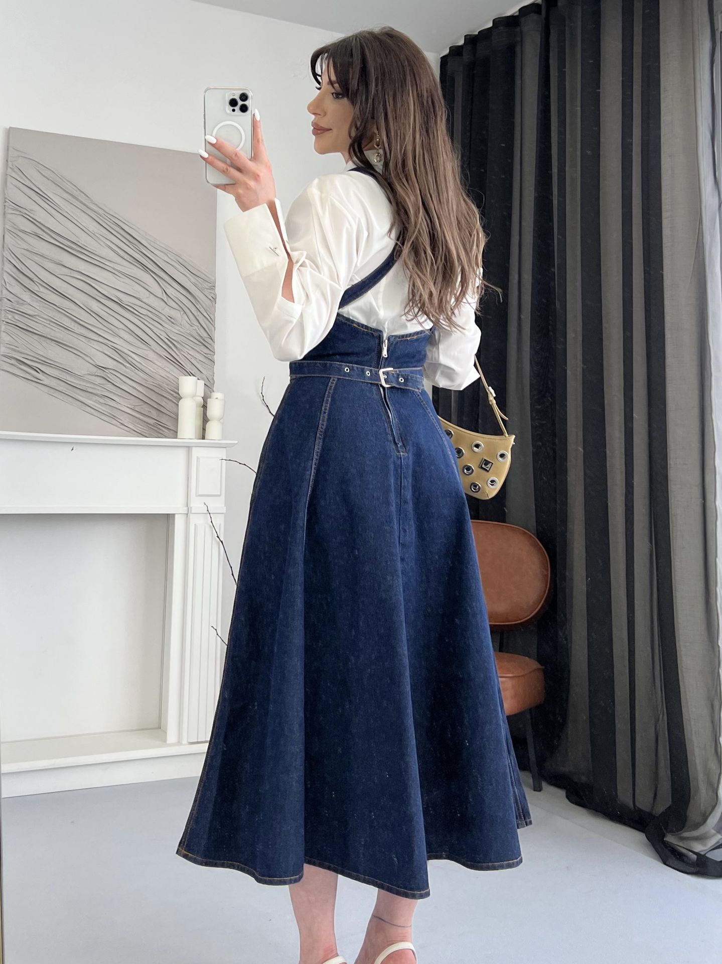 Askılı Jean Kemerli Midi Elbise