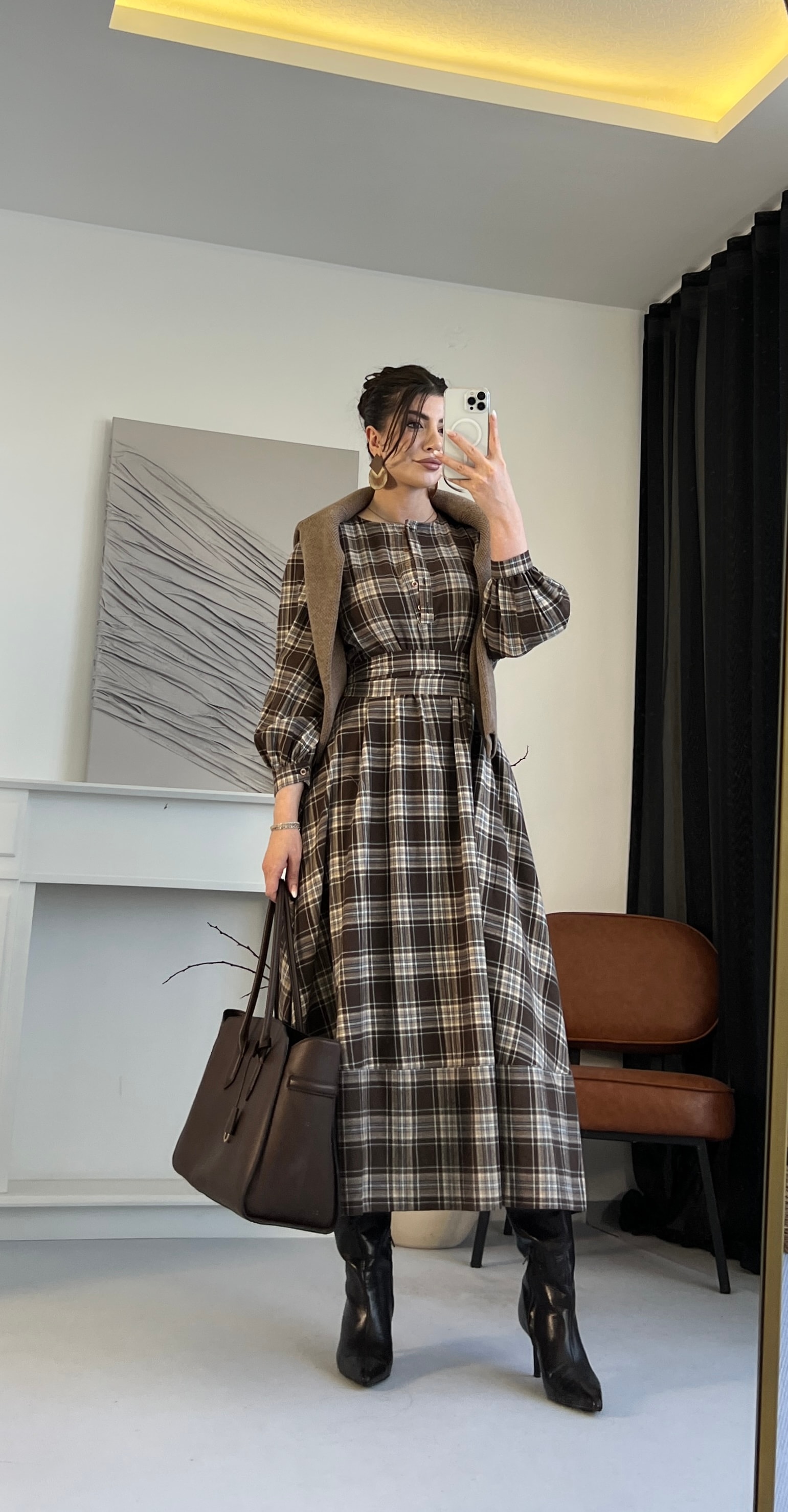 Ekose Kuşaklı Midi Elbise