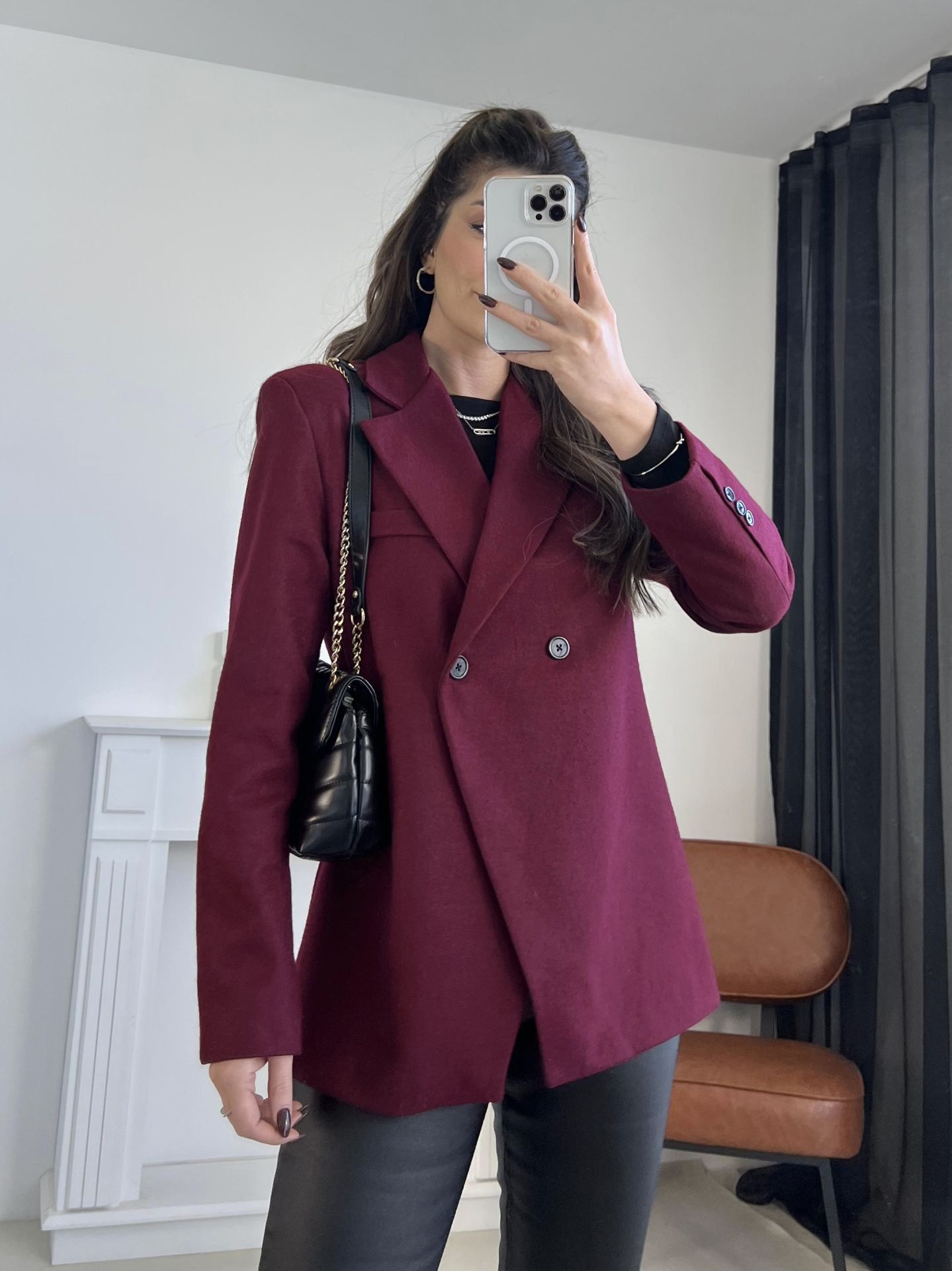 Bordo Asimetrik Kesim Kaşe Ceket