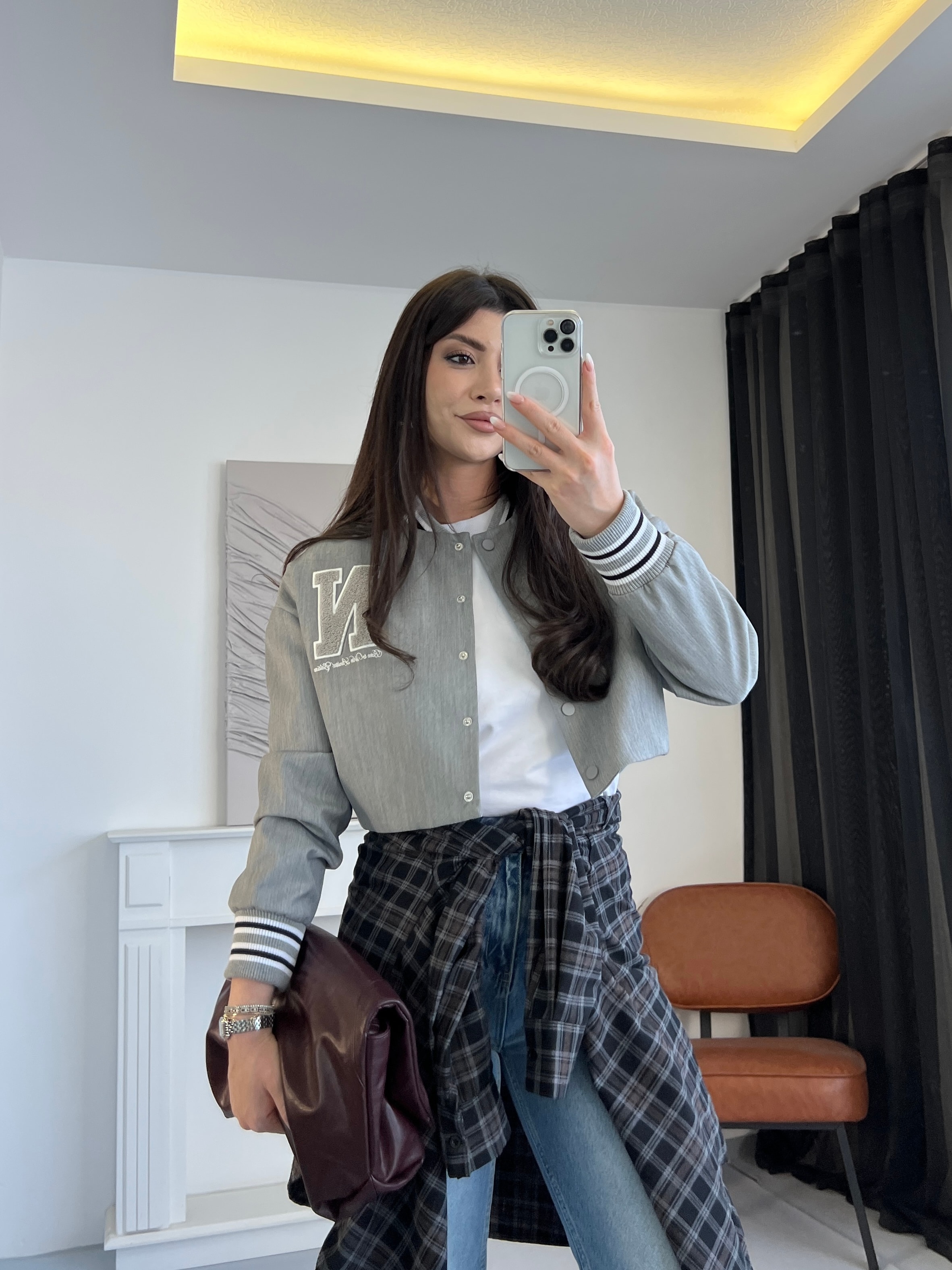 Harfli Gri Kolej Ceket