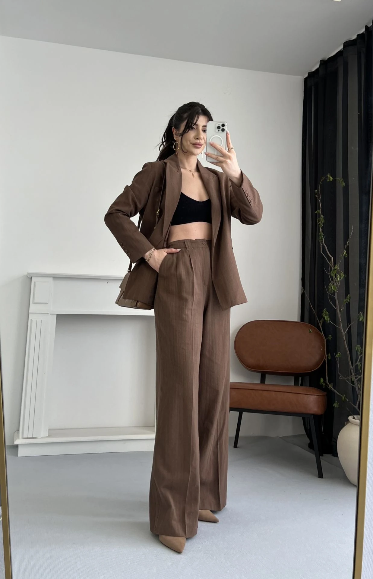 %100 Keten Kahve Keten Takım