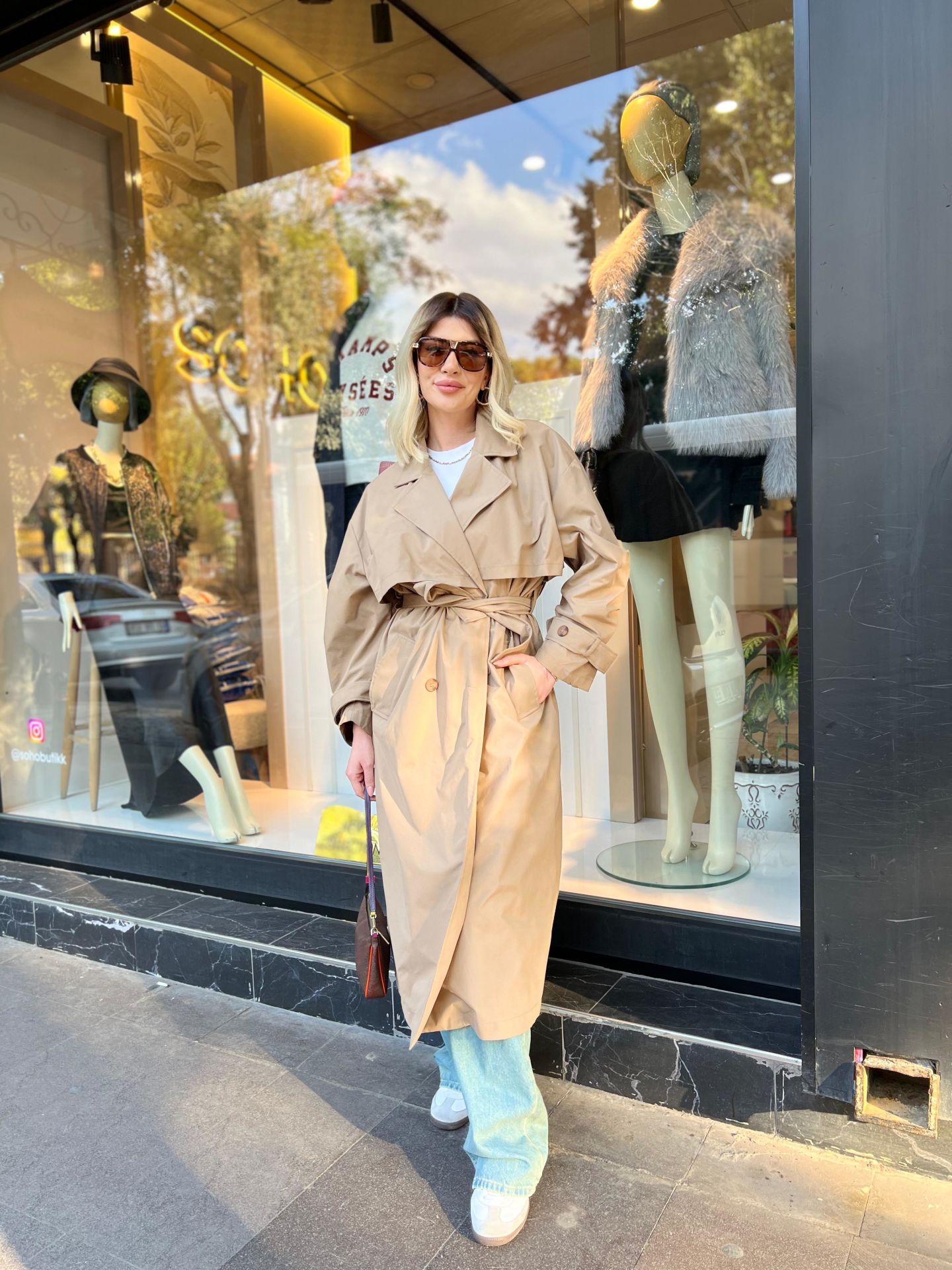 Kahve Kruvaze Yaka Kemer Detay Oversize Trençkot
