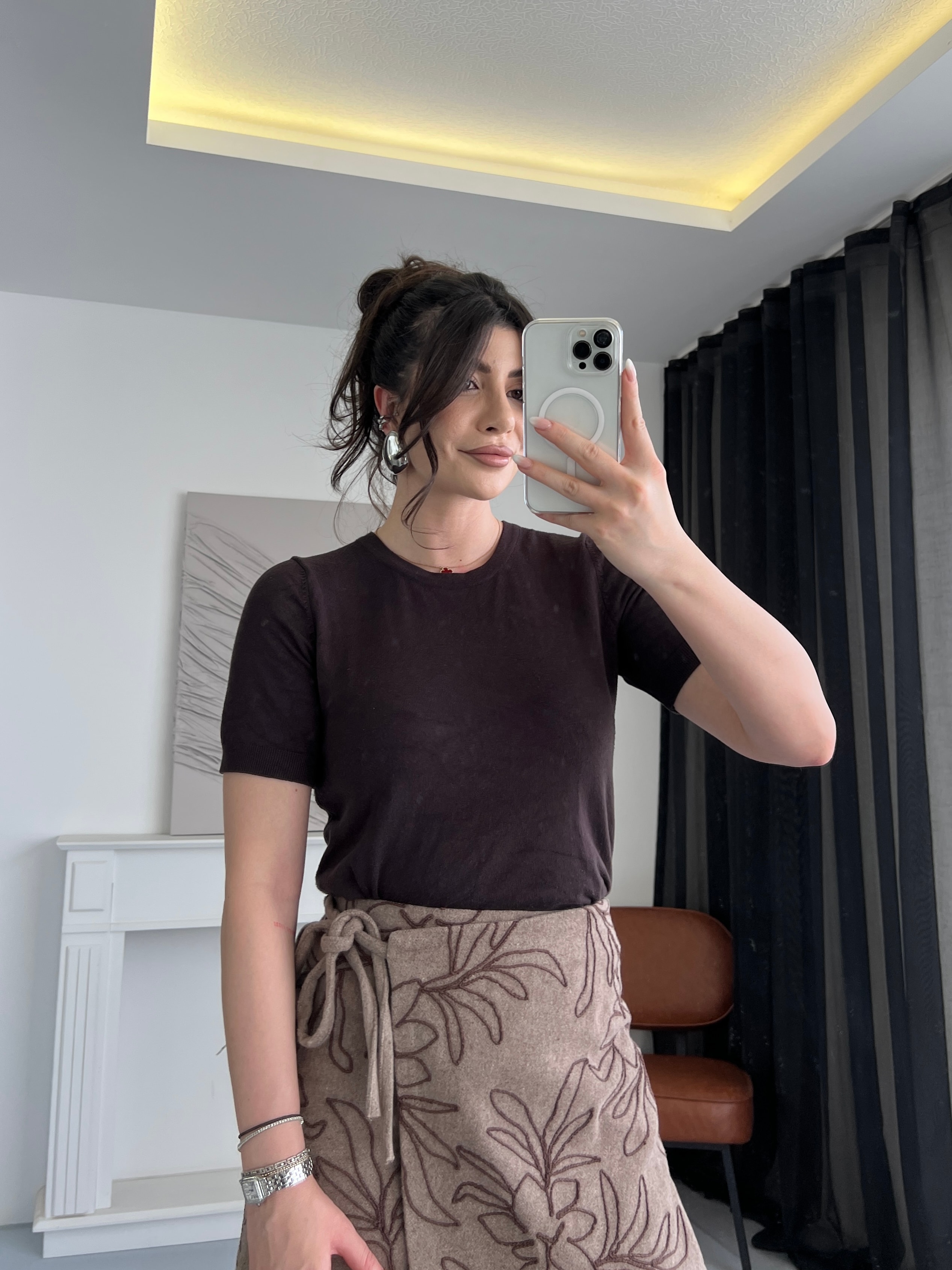 Basic Bisiklet Yaka Kısa Kollu Bluz - Kahverengi