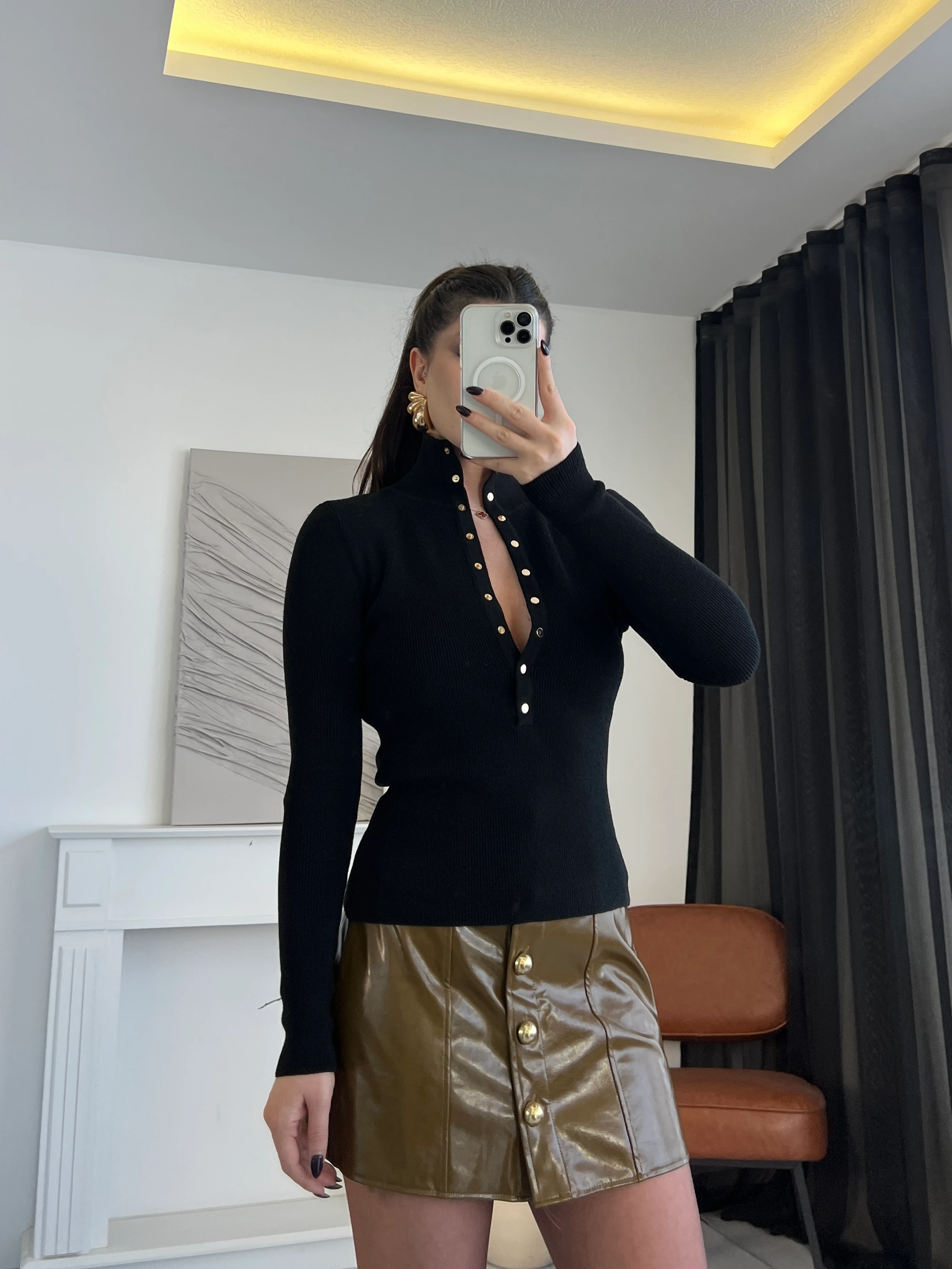 Drop Detaylı Triko Bluz - Siyah