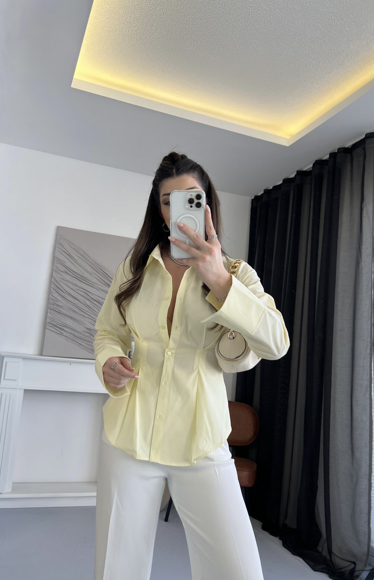 Belden Oturtmalı Sarı Gömlek