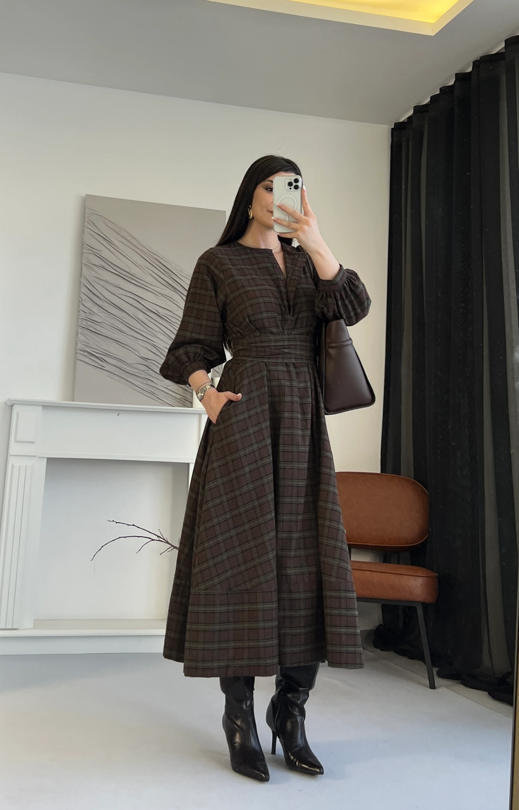 Ekose Desenli Kuşaklı Midi Elbise