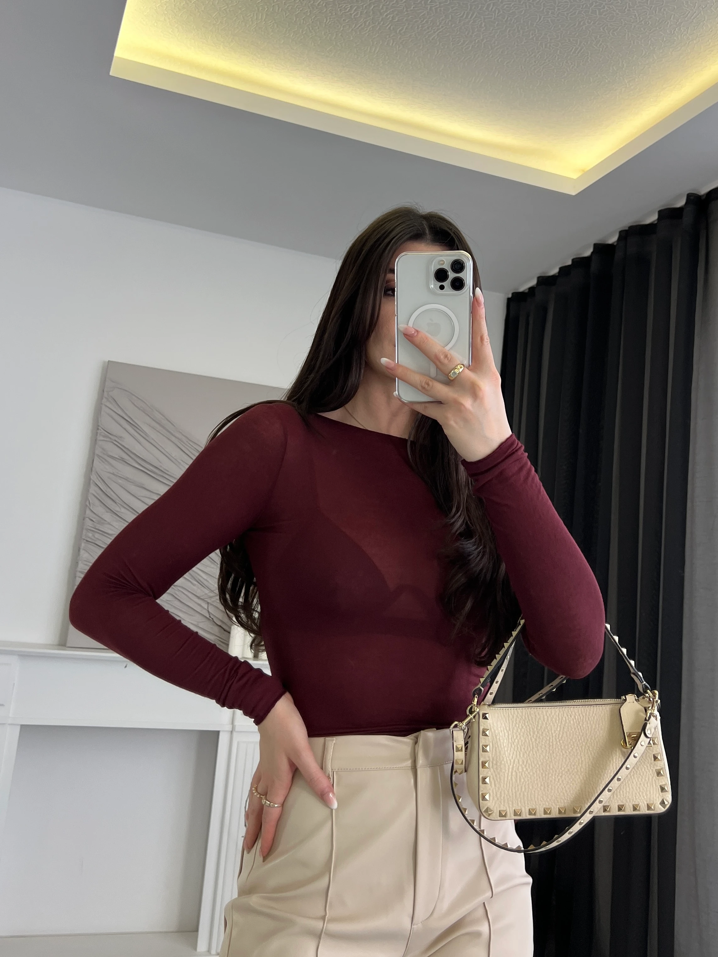 Kayık Yaka Transparan Bluz - Bordo