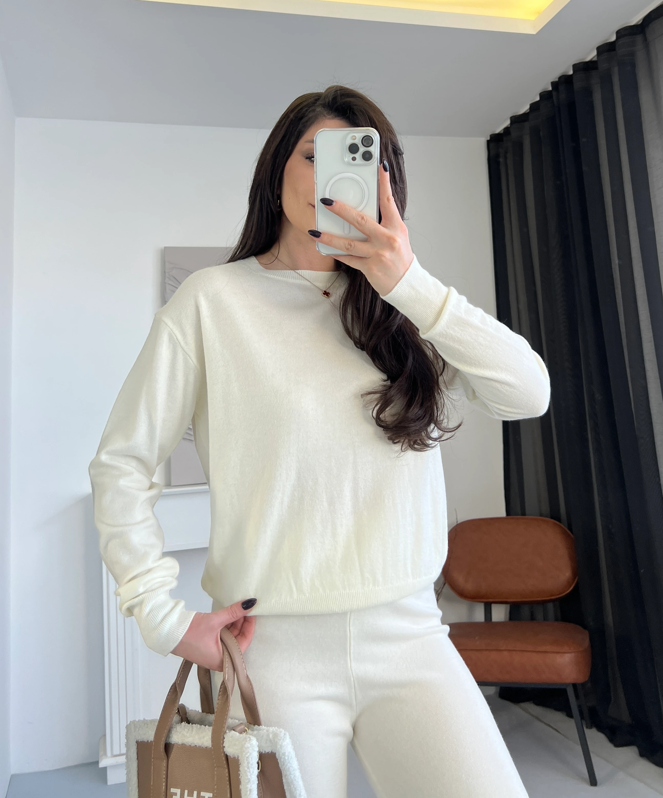 Bisiklet Yaka Basic Triko Bluz - Ekru