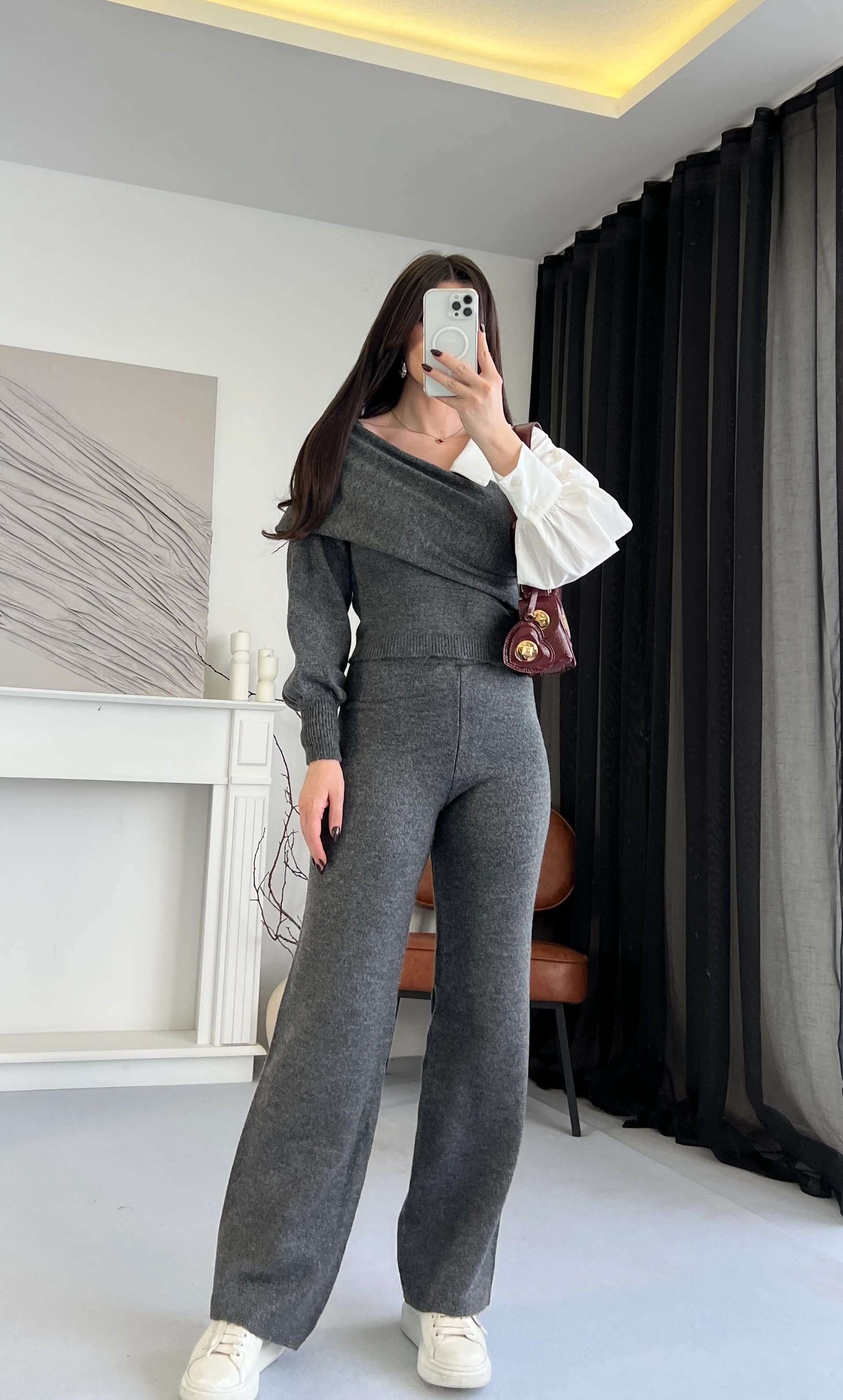 Yüksek Bel Rahat Kesim Triko Pantolon - Antrasit