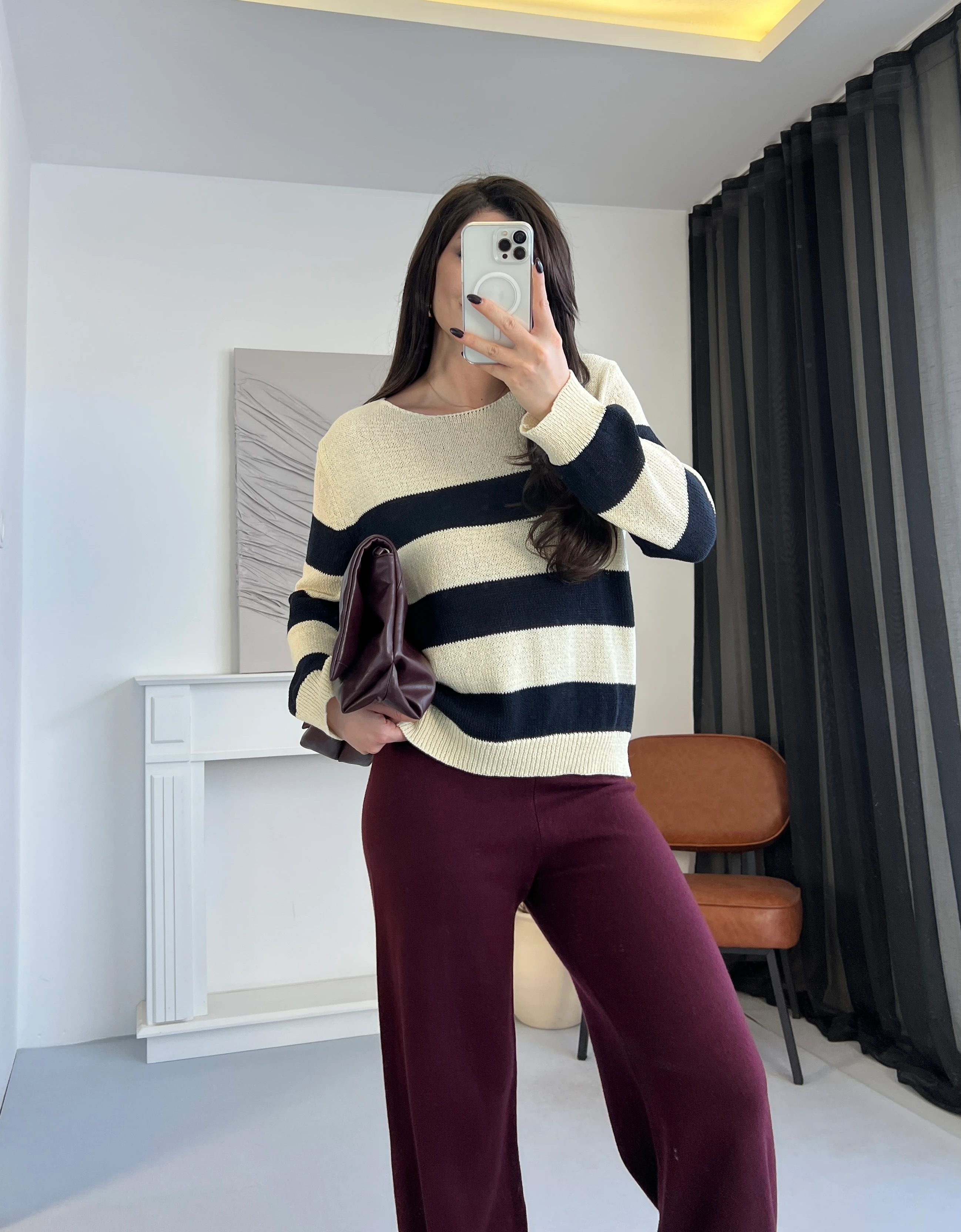 Oval yaka merserize triko bluz - lacivert