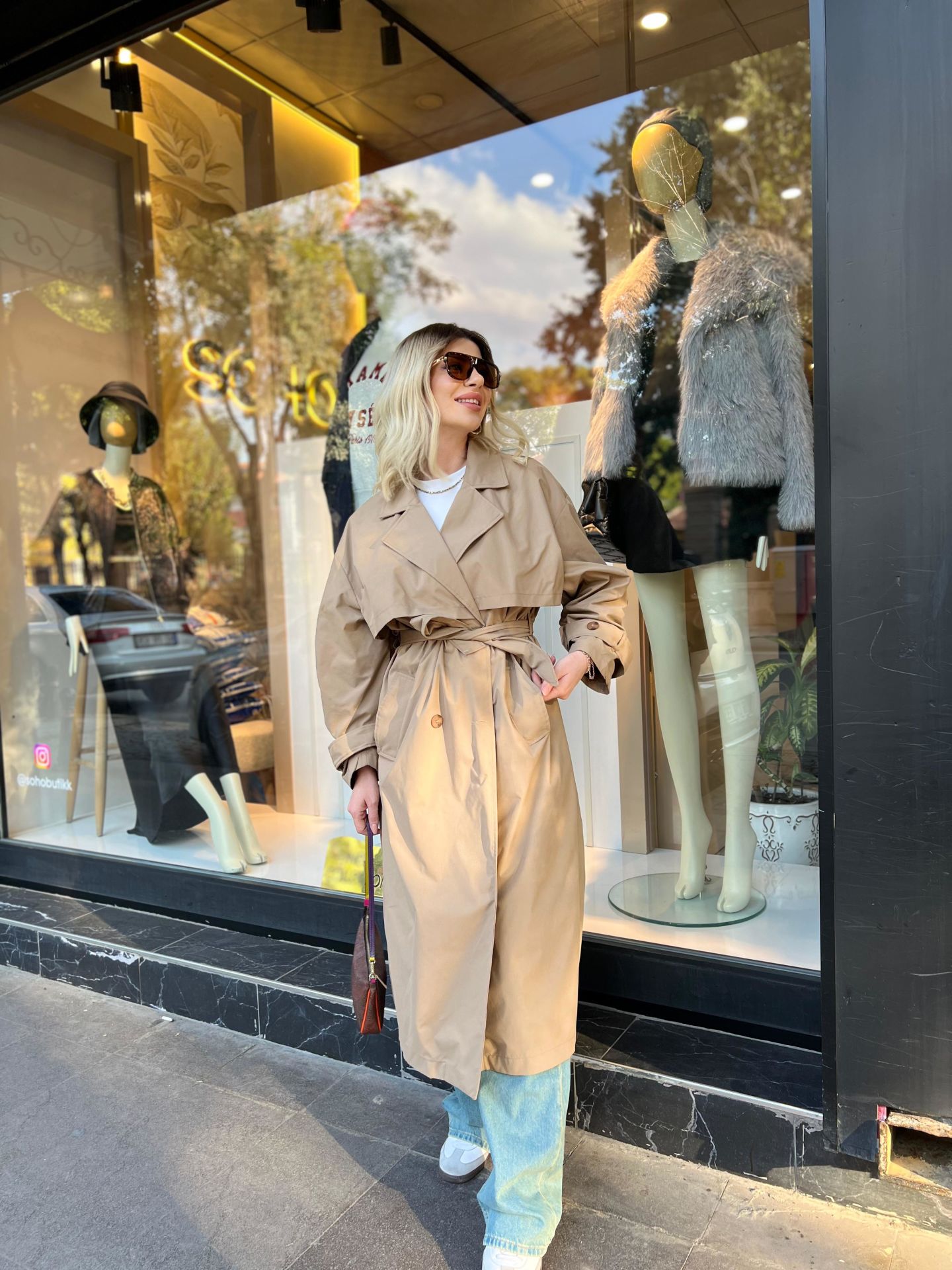 Kahve Kruvaze Yaka Kemer Detay Oversize Trençkot