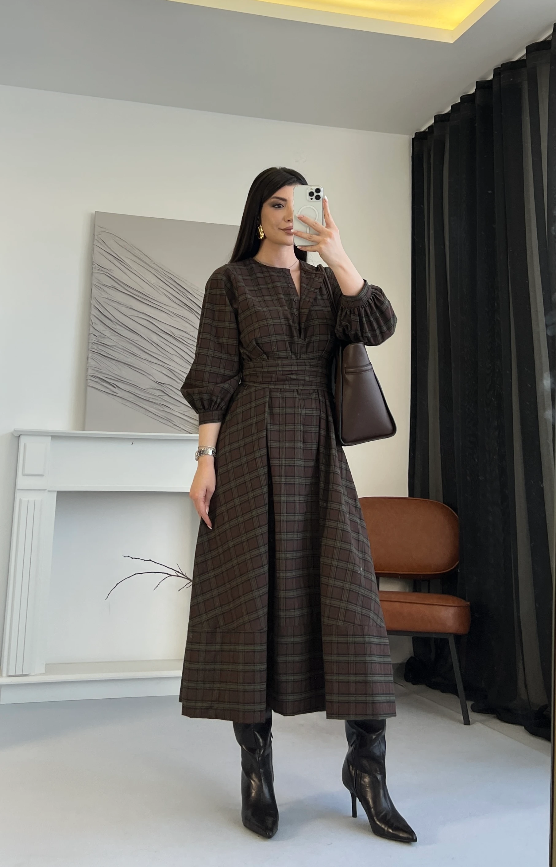 Ekose Desenli Kuşaklı Midi Elbise