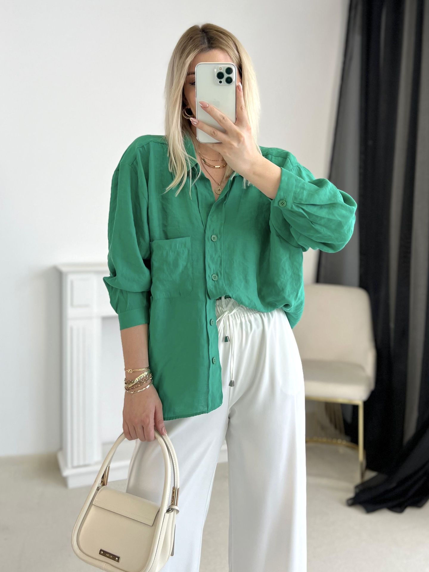 Yeşil Oversize Tensel Gömlek