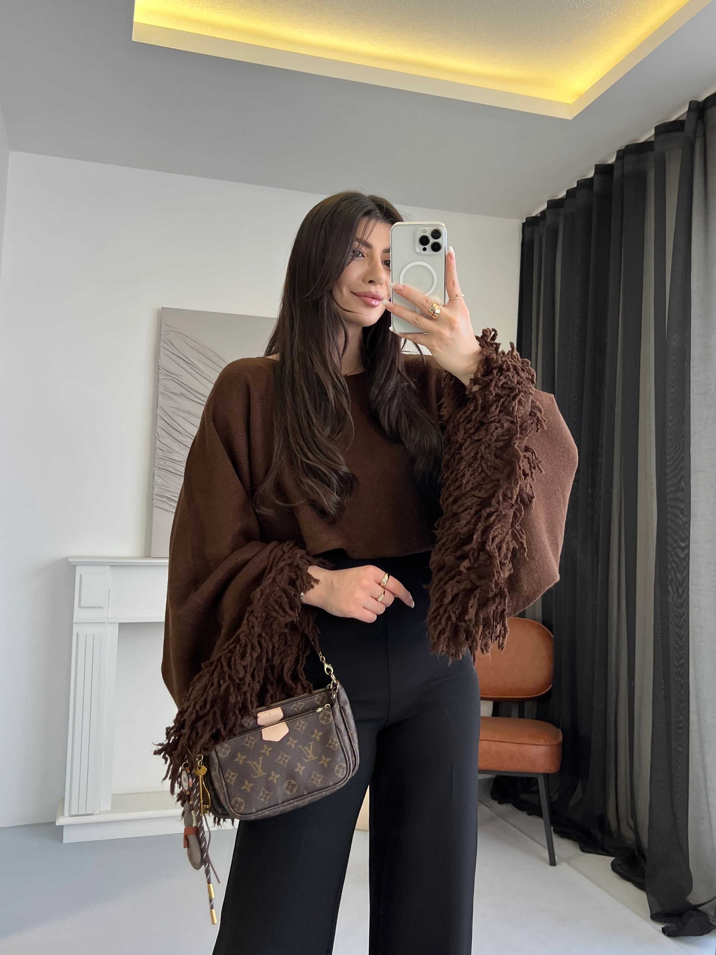 Püsküllü Panço Bluz - Kahverengi