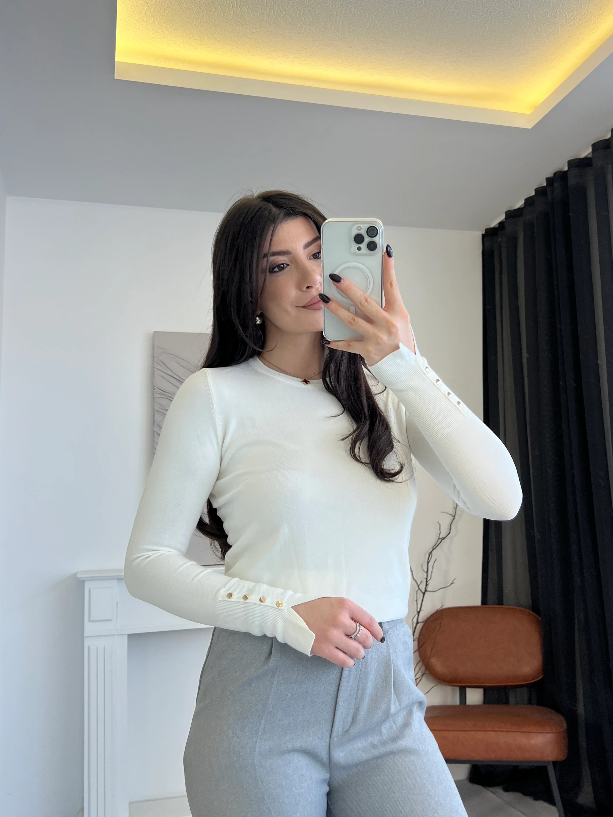 Bisiklet Yaka Droplu Triko Bluz - Ekru