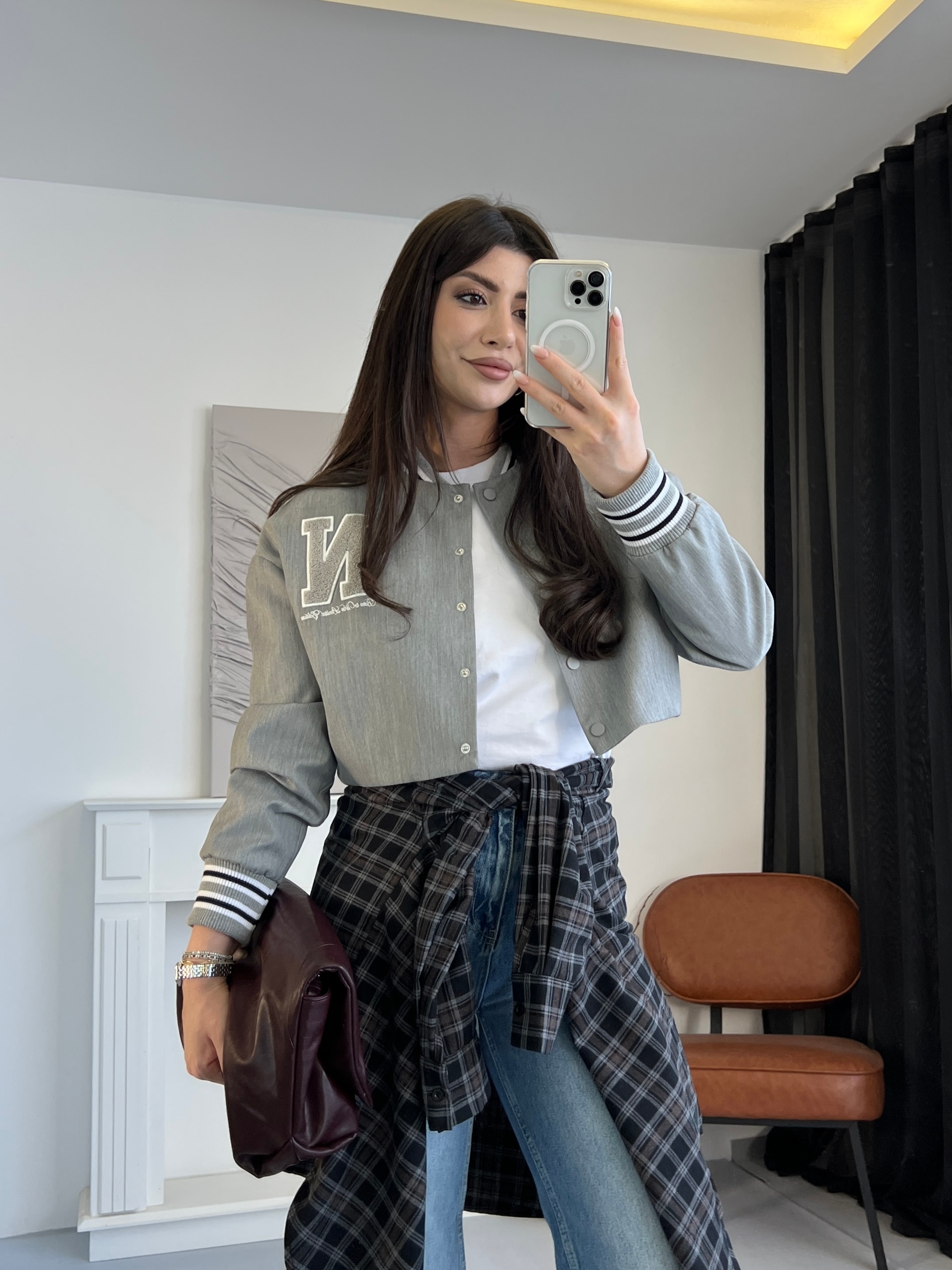 Harfli Gri Kolej Ceket