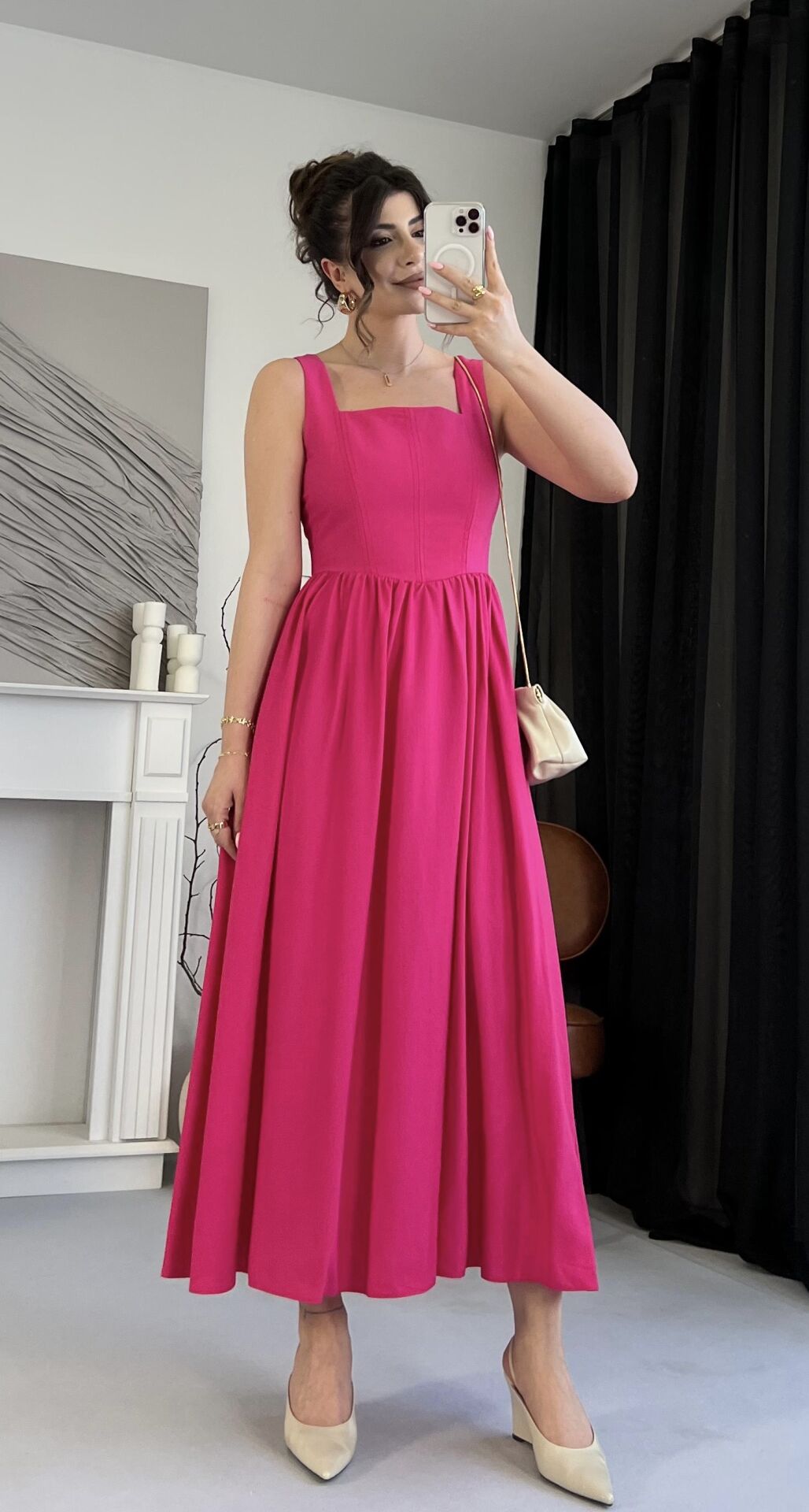 Kare Yaka Keten Volanlı Pembe Elbise